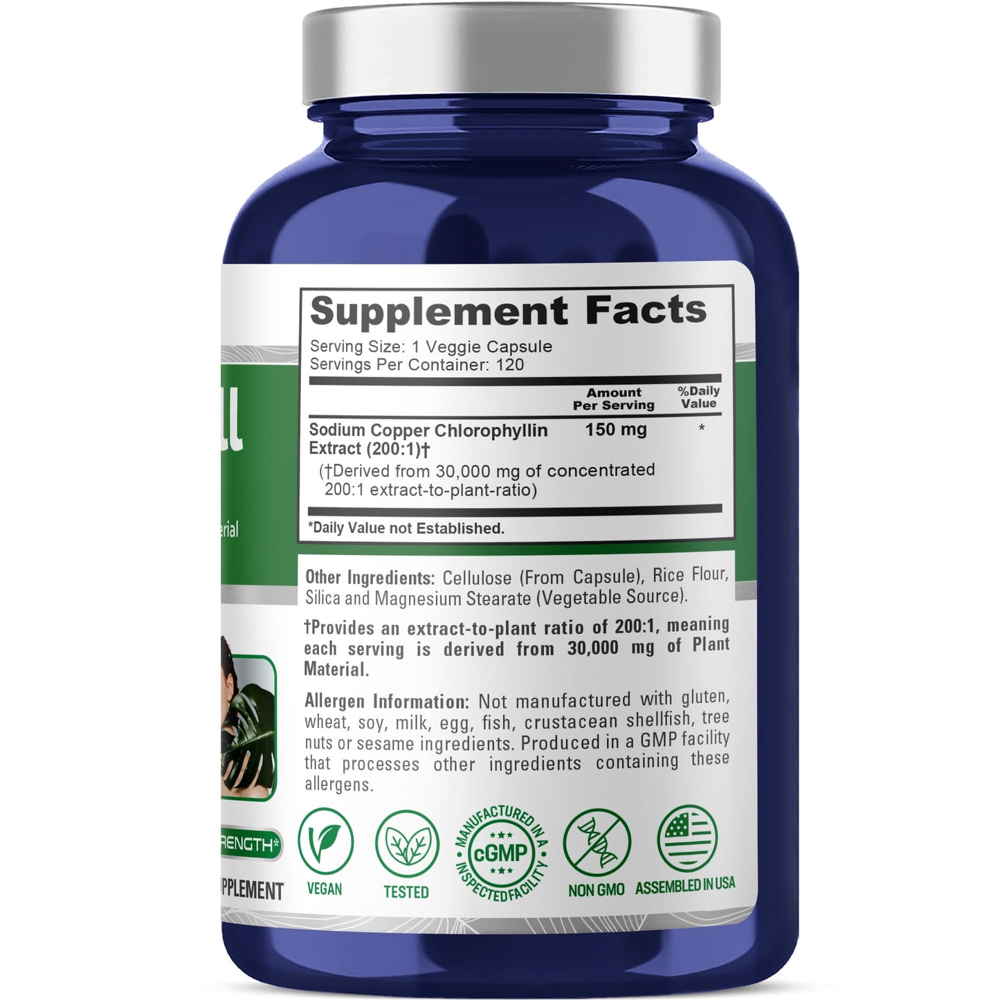NusaPure Chlorophyll 200:1 Extract, 150 mg Equivalent to 30,000 mg per Capsule 120 Vegetarian Caps (Non-GMO, Vegan) NusaPure