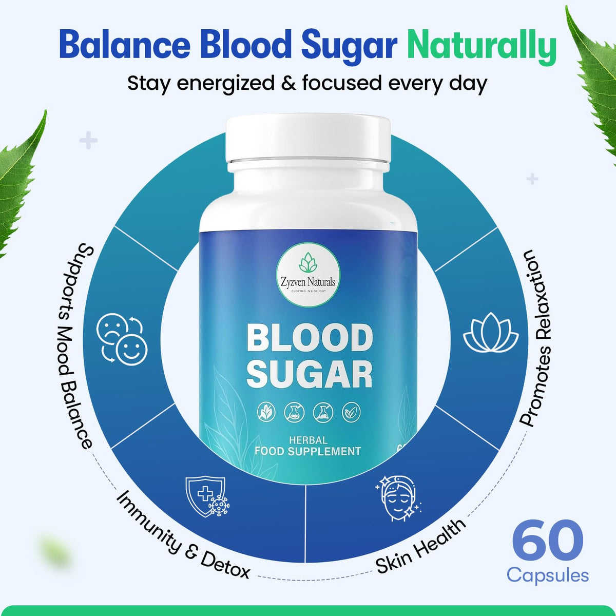 Zyzven Naturals Blood Sugar Support Supplement – 60 Vegan Capsules | Herbal Supplement with Moringa, Cinnamon, Ginger, Neem & Fenugreek | Plant-Based Wellness Supplement - Serving: 2 Capsules/Day Zyzven Naturals