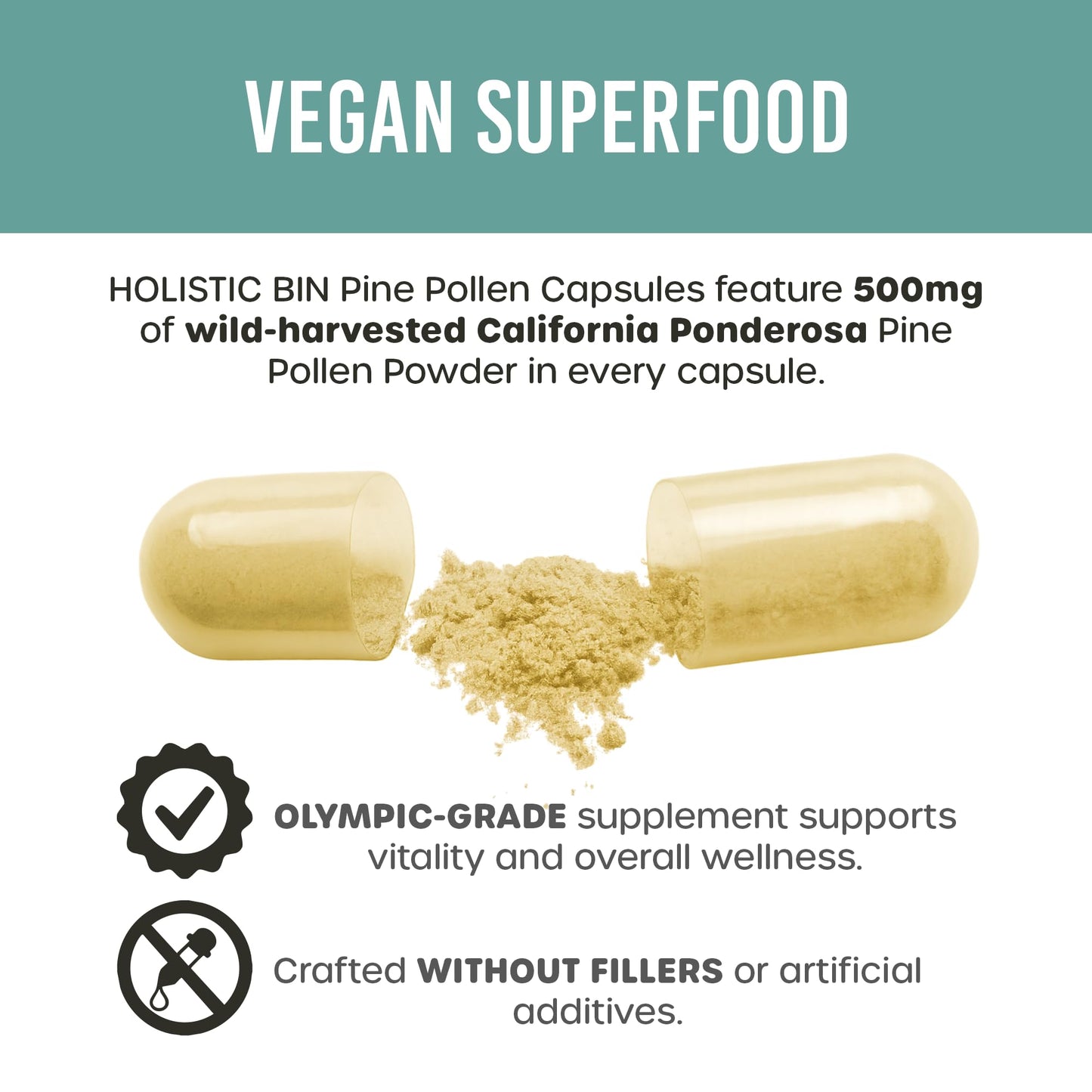 Holistic Bin Pine Pollen Capsules 500mg (Pinus Ponderosa) - Wild Harvested California Ponderosa Pine Pollen Powder - Olympic Grade - Organic, Non-GMO, No Fillers - 30 Day Supply (40 Capsules) Holistic Bin