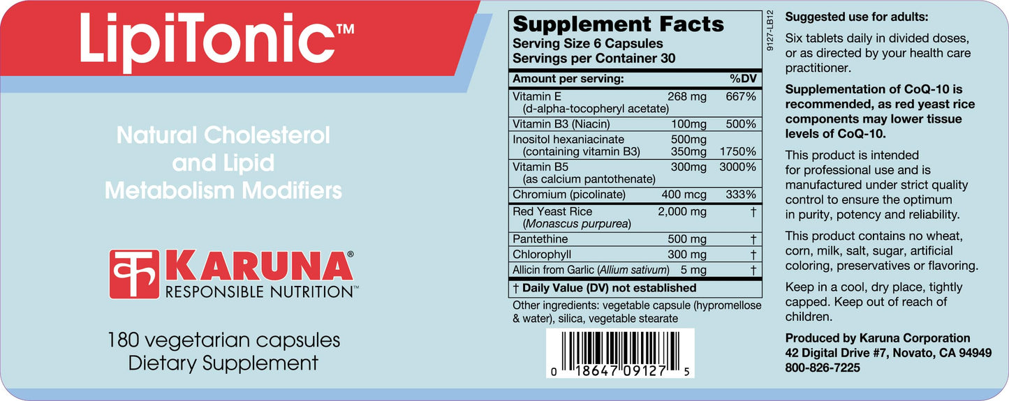 Karuna Lipitonic - 180 Vegetarian Capsules - Blend of Vitamins, Minerals, and botanicals Supporting Healthy Cholesterol Levels Already in the Normal Range and Promote Healthy lipid Metabolism Karuna