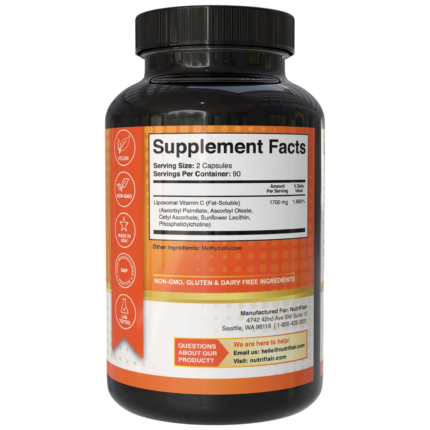 NutriFlair Liposomal Vitamin C 1700mg, 180 Capsules - High Absorption, Fat Soluble VIT C, Higher Bioavailability Immune System Support NutriFlair