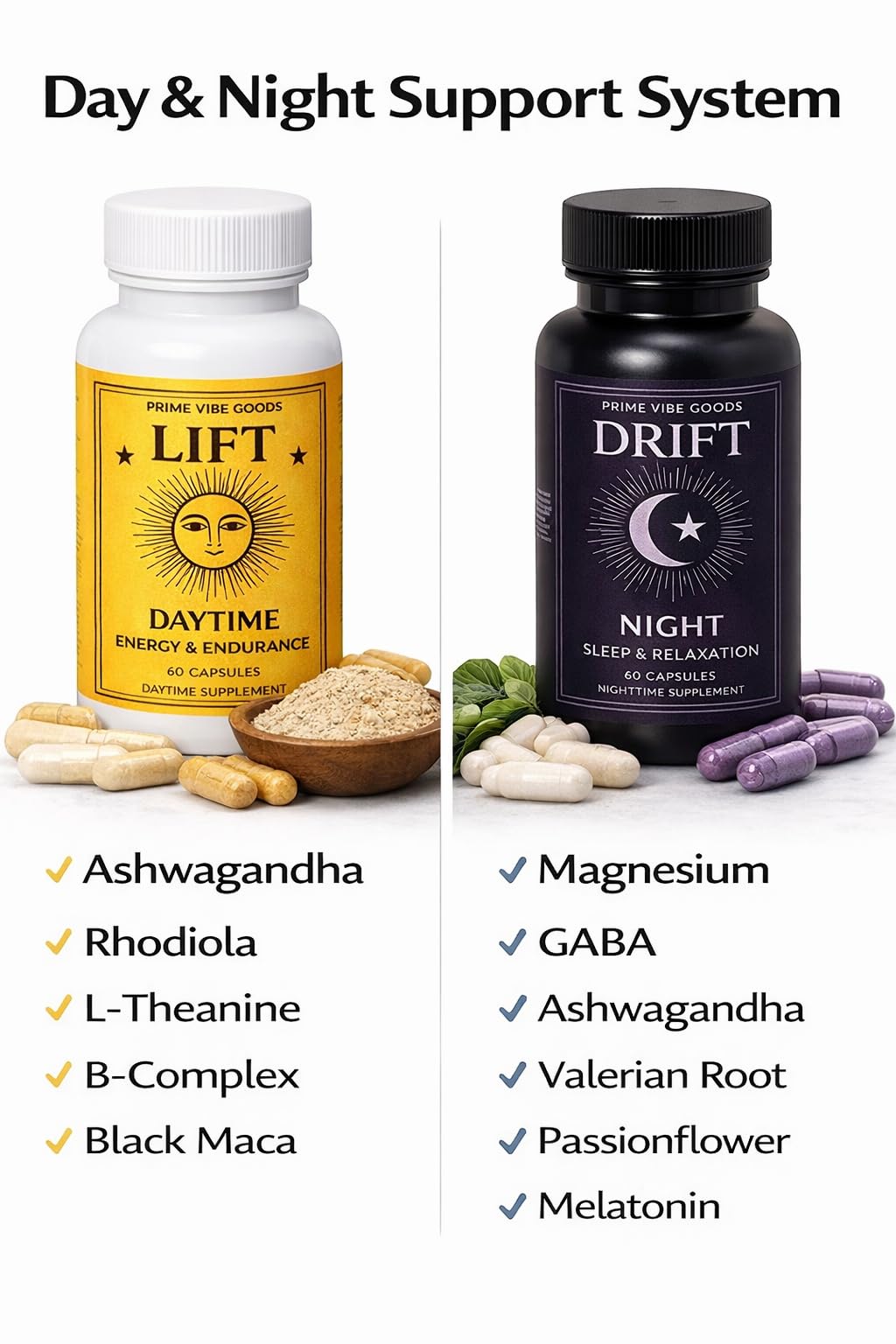 Prime Vibe Goods Lift & Drift – Energy & Stress Support Supplement – Adaptogens for Focus, Relaxation & Sleep – Ashwagandha, Magnesium, Rhodiola, GABA, Maca – Vegan (2-Pack, 120 Capsules) Prime Vibe Goods