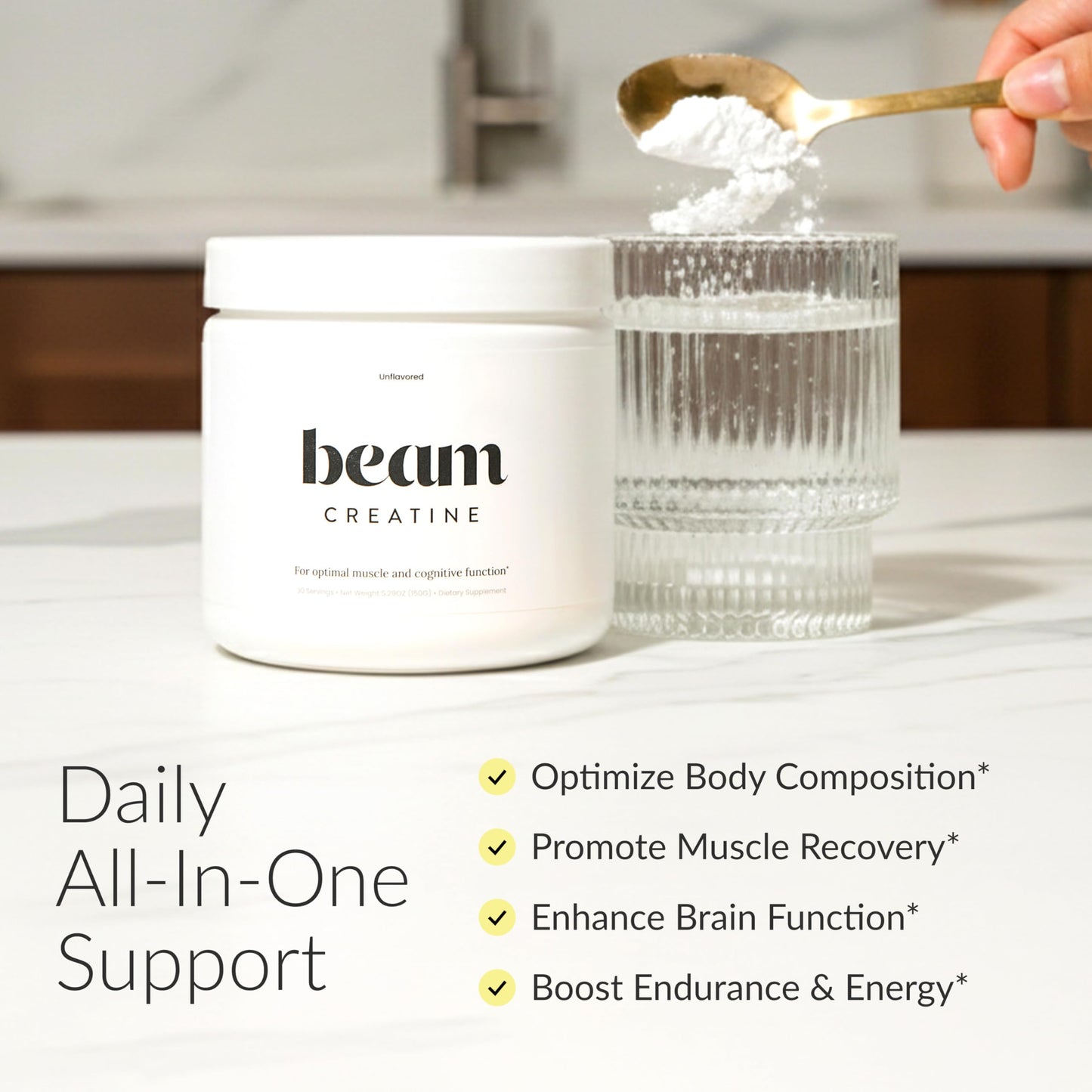 Beam Creatine Monohydrate Powder – 5g Micronized Creatine Monohydrate, Third Party Tested Creatine for Women & Men, Muscle Strength, Growth, Recovery & Cognitive Support, Unflavored, 30 Servings Beam