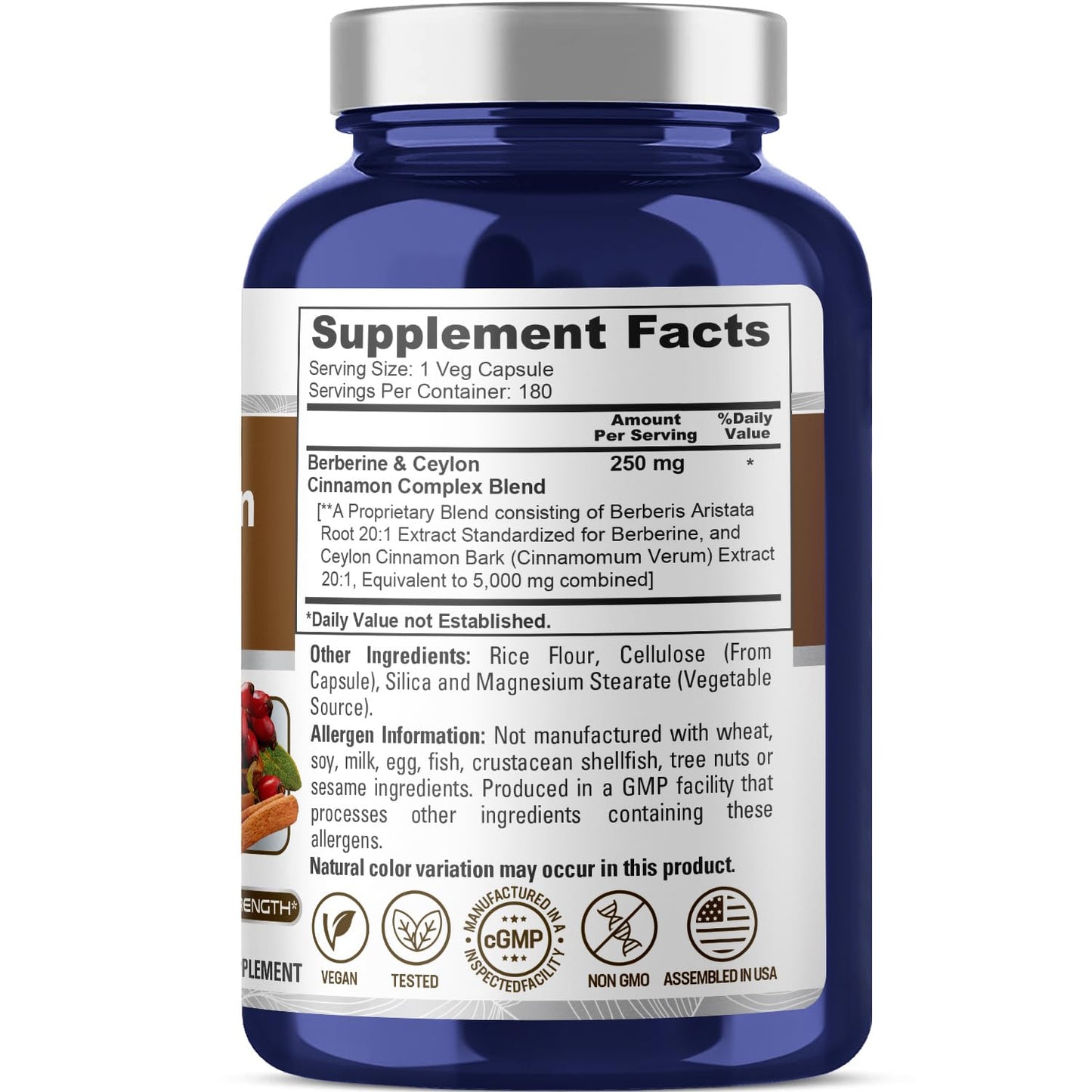 NusaPure Berberine with Ceylon Cinnamon 20:1 Extract, 250 mg Equivalent to 5000mg 180 Veggie Capsules, Vegetarian, Non-GMO Supplement, (Berberine Complex) NusaPure