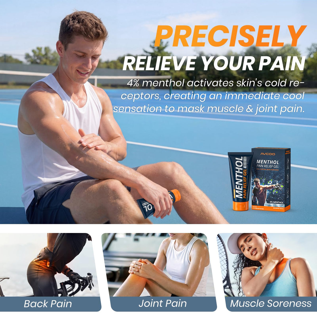 AVCOO 4% Menthol Pain Relief Gel, Cooling Sensation for Arthritis, Knees, Joint, Sore Muscle, Neck, Shoulder and Lower Back Pain Relief, Grease-Free Gel, 2 Packs (3 OZ Per Pack) AVCOO