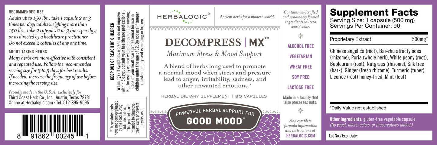 Herbalogic - Decompress MX Herb Capsules - Maximum Stress & Tension Relief - Reduces Anger & Moodiness, Positive Mood Support - Based on the Traditional Chinese Formula Xiao Yao San - 90 Cap Count Herbalogic