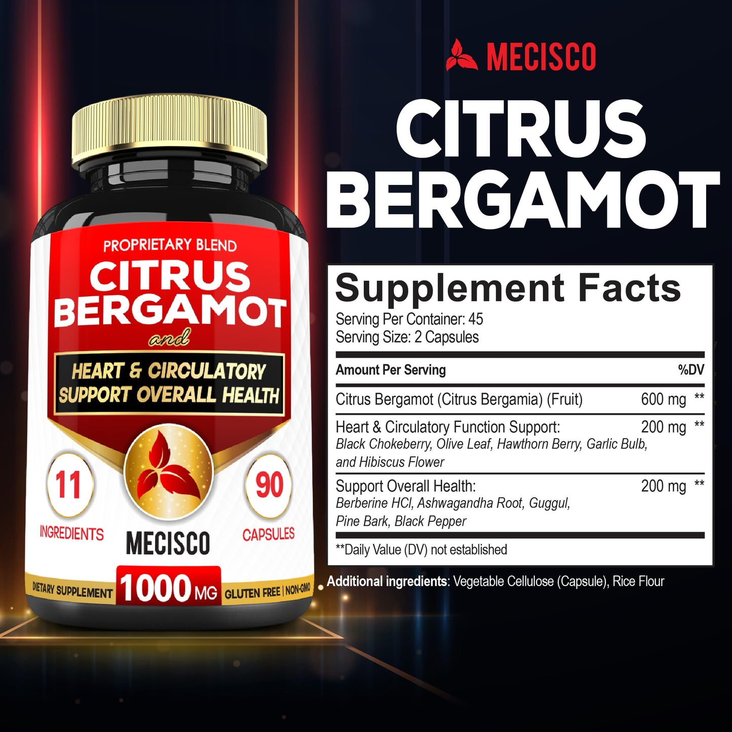 Mecisco 11 in 1 Citrus Bergamot Supplement 1000mg with Black Chokeberry, Berberine HCl & More - 90 Capsules - Supports Heart Health, Immune System, Energy Production Mecisco