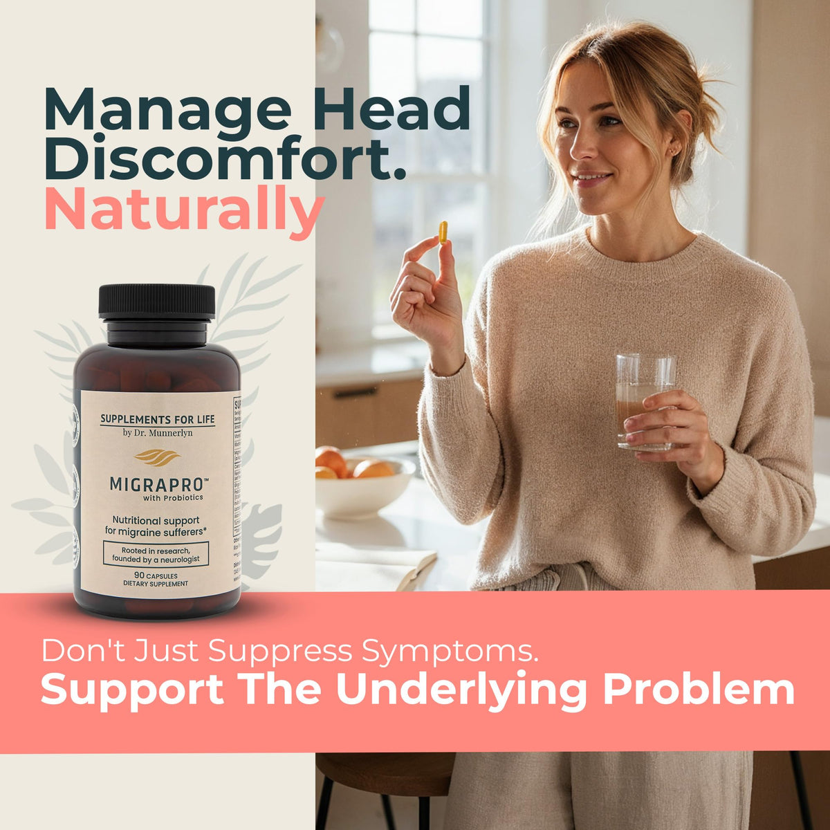 Dr. Munnerlyn MigraPro with Probiotics, Brain and Gut Health Support Supplement with Magnesium, Riboflavin, CoQ10, Ginger Root, Asian Ginseng, Vitamin C, Feverfew & Turmeric, Gluten Free, 90 Capsules Dr. Munnerlyn