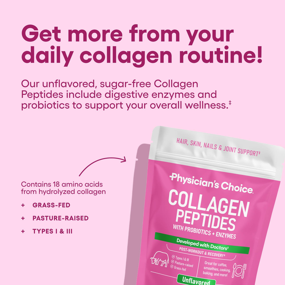 Physician's CHOICE Collagen Peptides - Hydrolyzed Protein Powder for Hair, Skin, Joints - Grass Fed, Non-GMO Physician's CHOICE