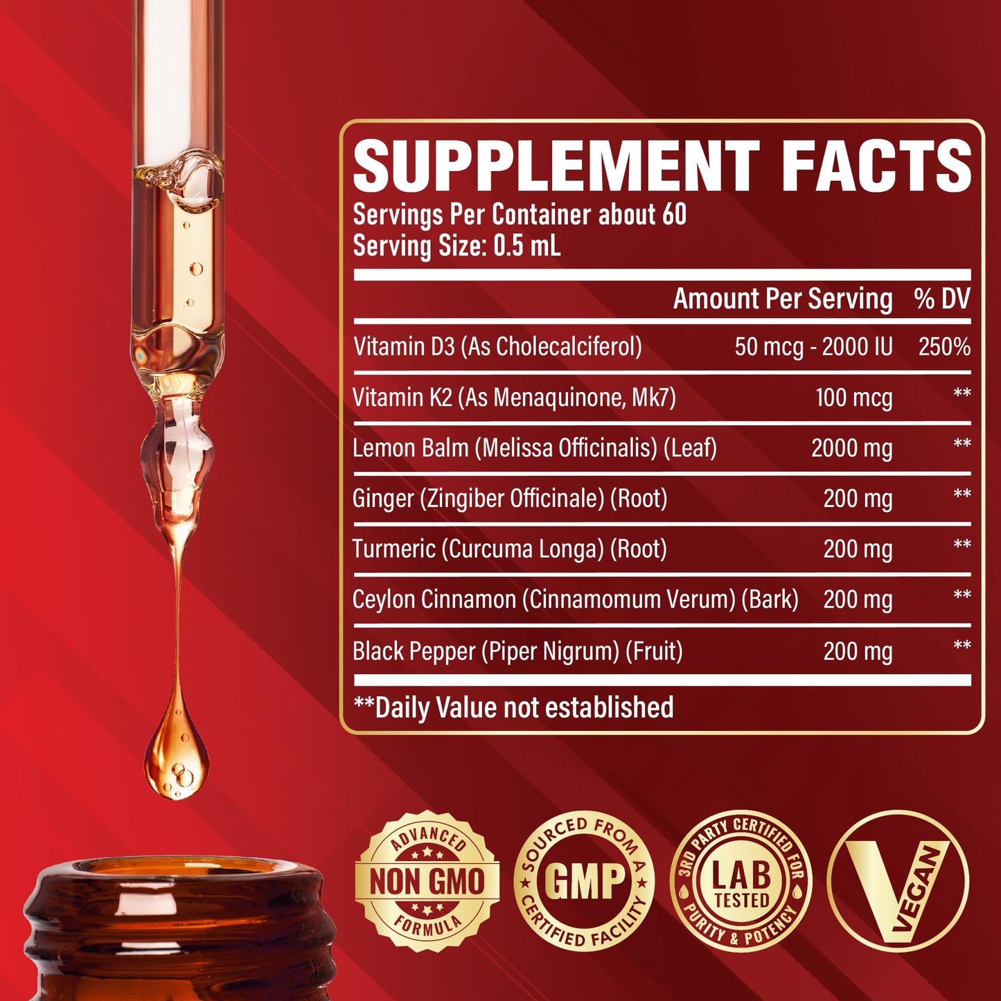 Satoomi 7in1 Lemon Balm Tincture with Vitamin D3, Vitamin K2, Ginger Root, Turmeric, Ceylon Cinnamon and Black Pepper - 1 FL Oz - 60 Day Supply Satoomi