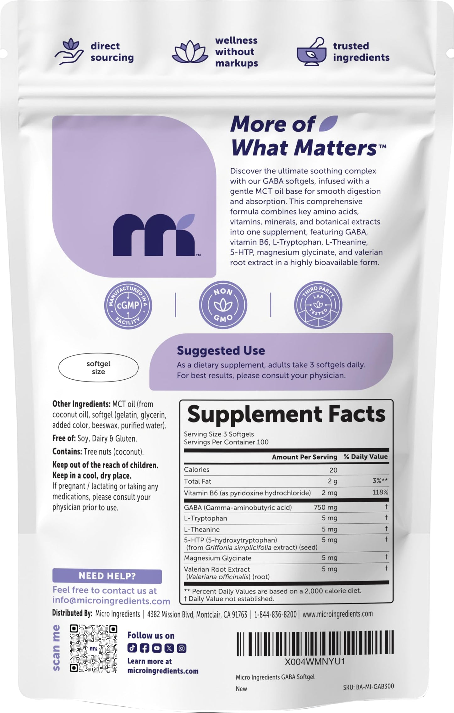 Micro Ingredients GABA 750 mg with MCT Oil, 300 Softgels | Gamma Aminobutyric Acid with Vitamin B6, 5-HTP, L-Theanine, L-Tryptophan & Magnesium Glycinate | Non-GMO, cGMP Manufactured Micro Ingredients
