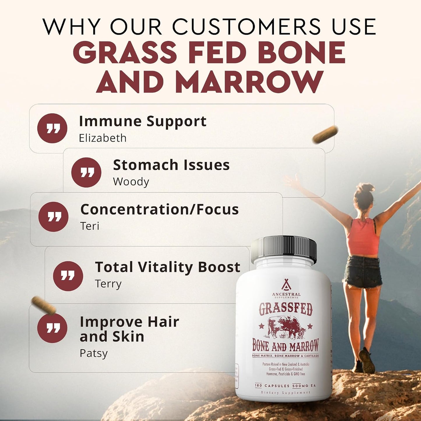 Ancestral Supplements Grass Fed Beef Bone and Marrow Supplement, 3000mg, Skin, Oral Health, and Joint Support Supplement, Promotes Whole-Body Wellness, Non GMO Whole Bone Extract, 180 Capsules Gsupps Australia