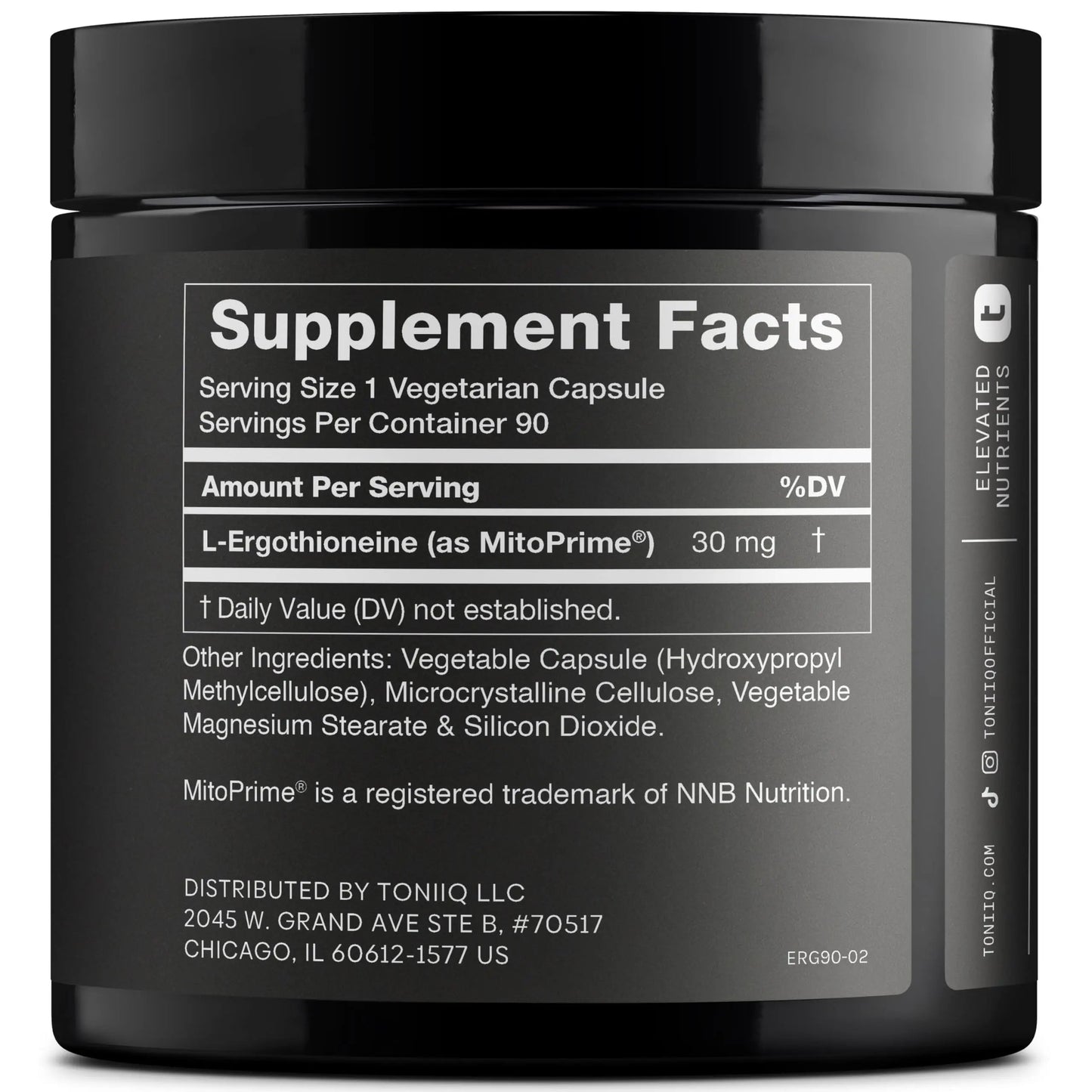Ergothioneine with Clinically Studied MitoPrime® - High Potency 30mg with 98% Purity - Fermentation-Based L Ergothioneine Supplement - Longevity and Immune Support - Third-Party Tested, 90 Capsules Toniiq