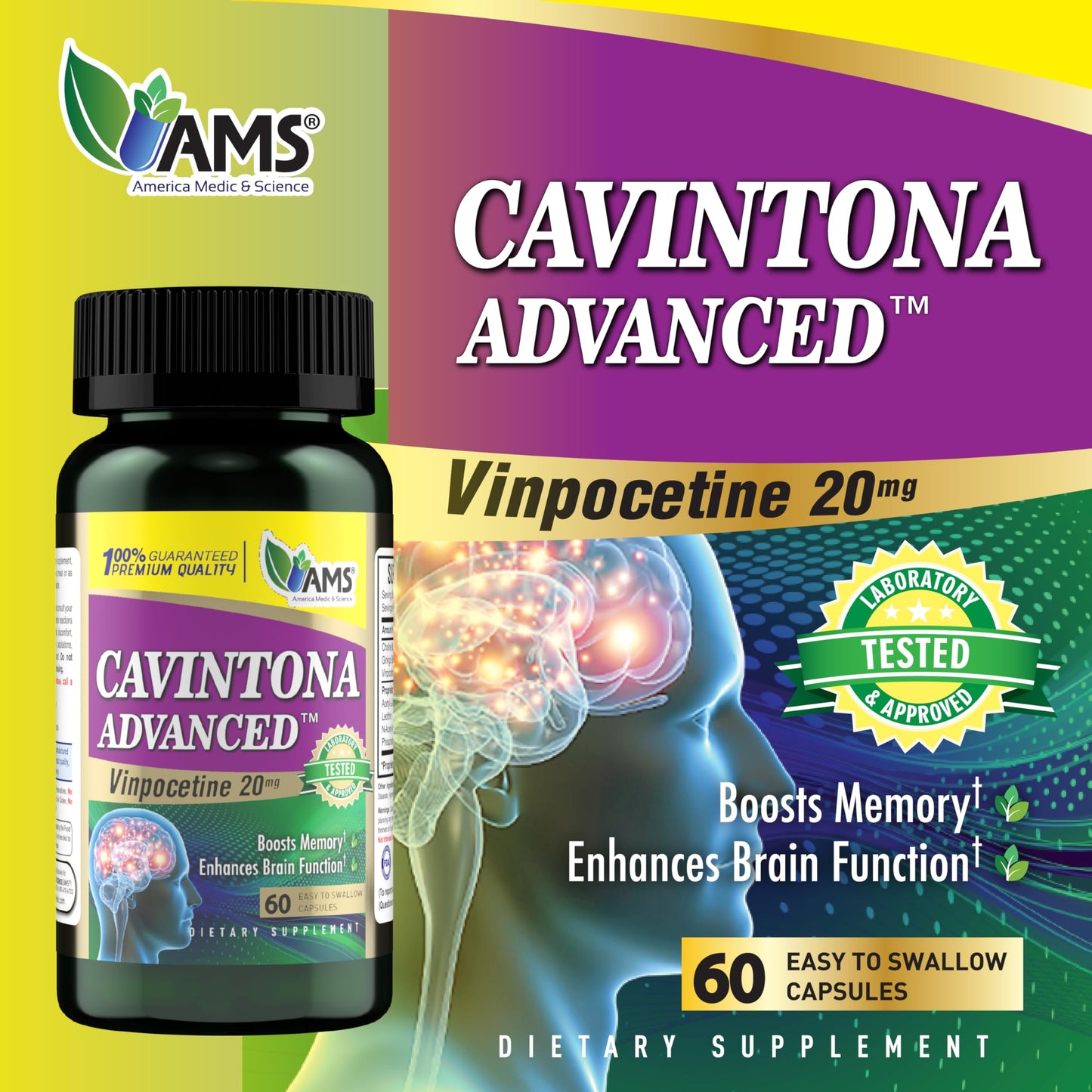 America Medic & Science Cavintona Advanced Supplement – Vinpocetine 20mg for Memory, Recall & Brain Health – Supports Cognitive Function, Focus, Mental Clarity & Blood Flow – 60 Capsules America Medic & Science