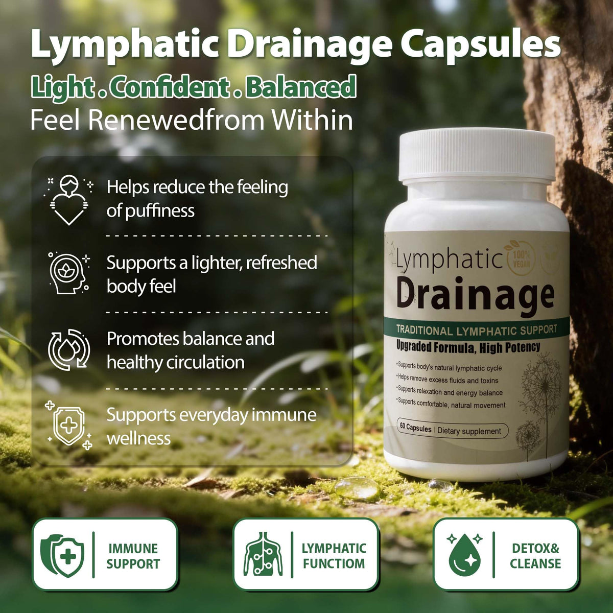 Lymphatic Drainage Capsules Natural Herbal Supplement for Immune Health & Fluid Balance, with Echinacea, Dandelion, and Burdock 60 Capsules Kaseano