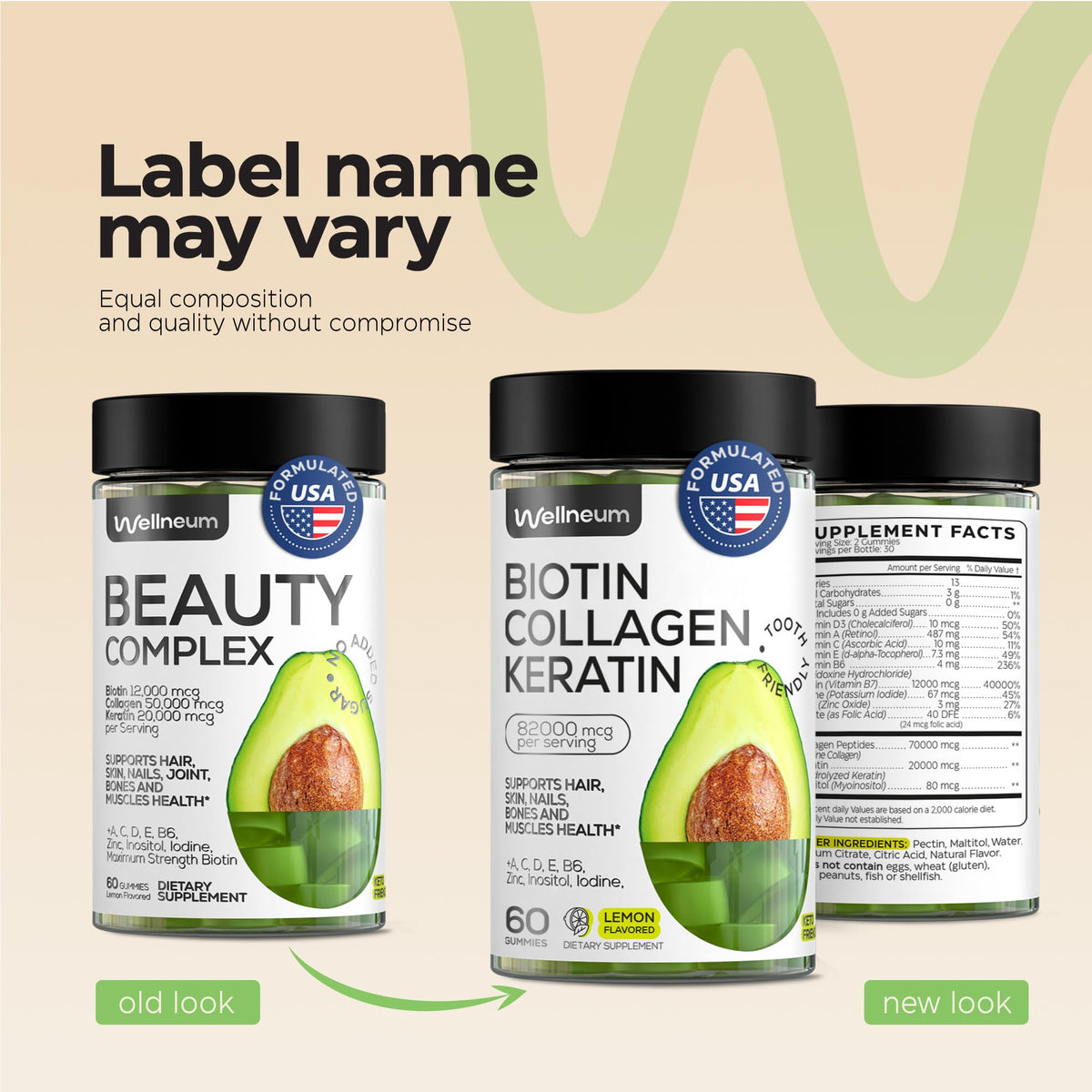 Biotin for Hair Growth Women/Men 12000mcg, Skin & Nails Support Gummies + 70000mcg Collagen Peptides (Collagen Powder in Gummy Form) + 20000mcg Keratin + Retinol, Sugar Free, 120 Gummies (2 Pack) Wellneum
