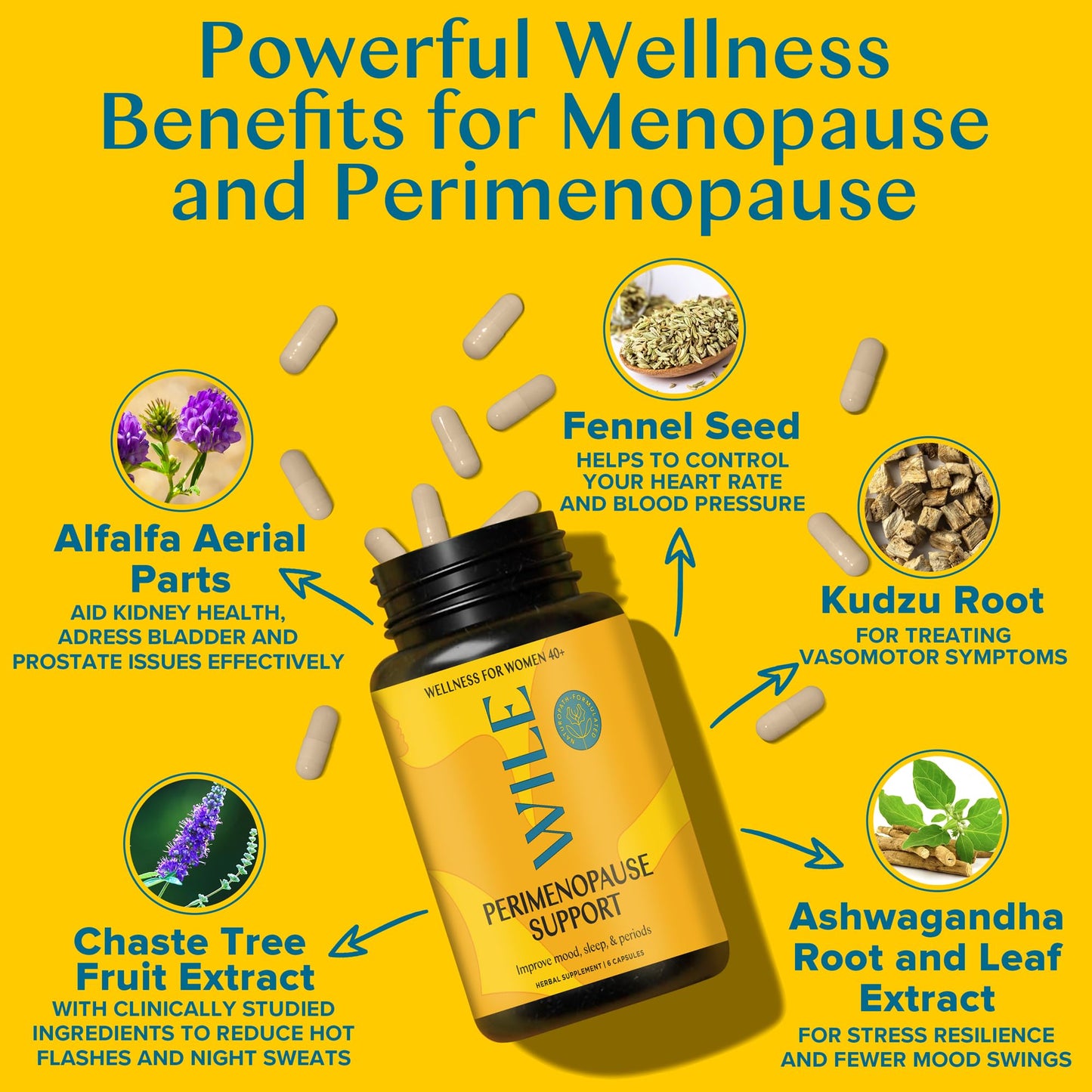 WILE Menopause and Perimenopause Supplements for Women with Ashwagandha - Menopausal Symptoms Relief for Stress, Hot Flashes, Night Sweats - Healthy Sleep & Hormone Balance Support, Vegan, 30 Servings WILE