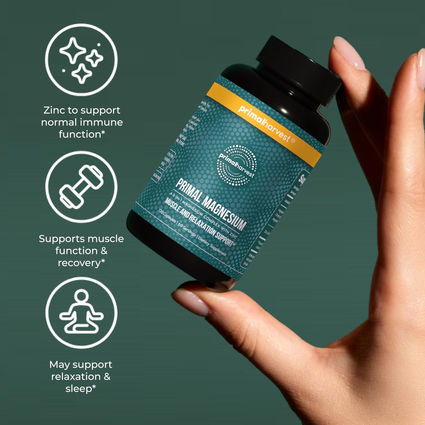 Magnesium Supplement Complex 310mg by Primal Harvest with Magnesium Glycinate, Citrate, Malate, and Zinc 120 Capsules Primal Harvest