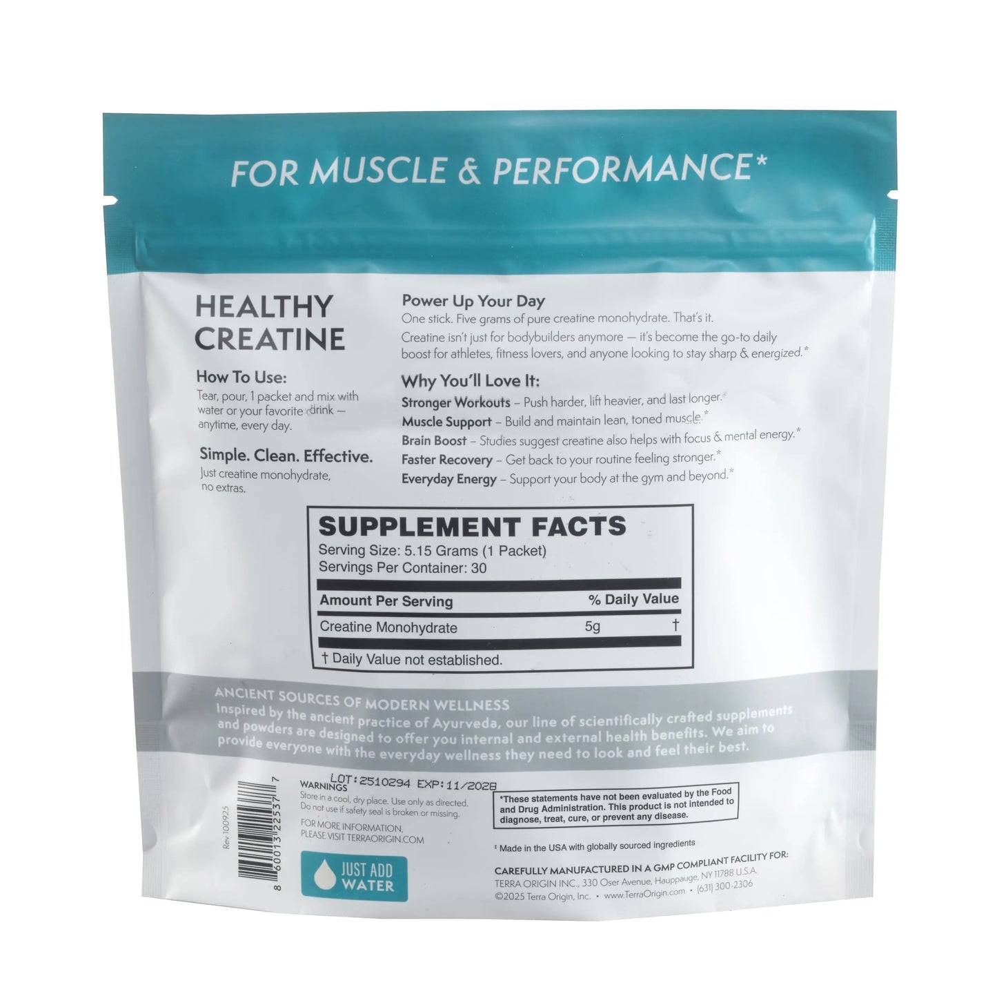 TERRA ORIGIN Healthy Creatine Micronized Monohydrate Powder | 30 Stick Packs | Support for Muscle and Cognitive Performance* | Supplement for Women and Men TERRA ORIGIN