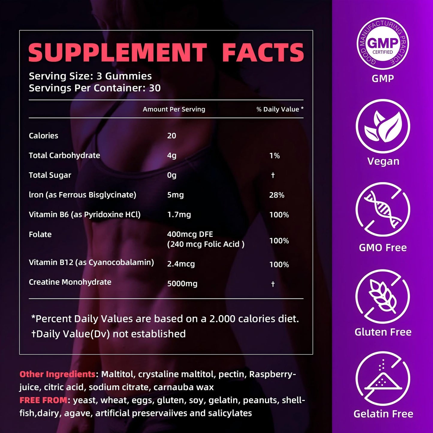 IRIDESICENT Creatine Monohydrate Gummies 5000mg w/Iron, Vitamin B6 & B12, Sugar Free 5g Creatine Supplements for Women and Men Boost Energy & Muscle Recovery - 90 Raspberry Gummies IRIDESICENT
