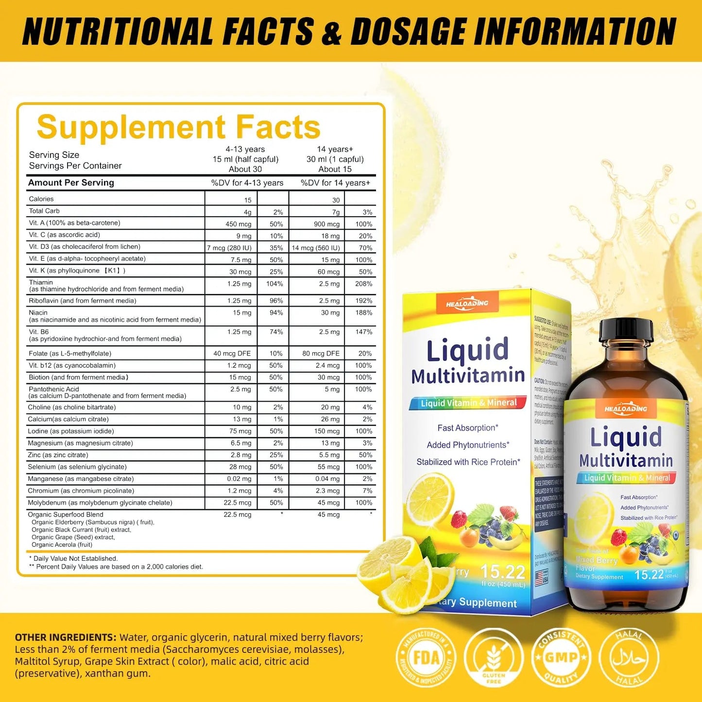 HEALOADING Nutritious Liquid Multivitamin for Women:Liquid Multi Vitamin with Amino Acids Zinc Selenium Mixed Fruit Flavor HEALOADING