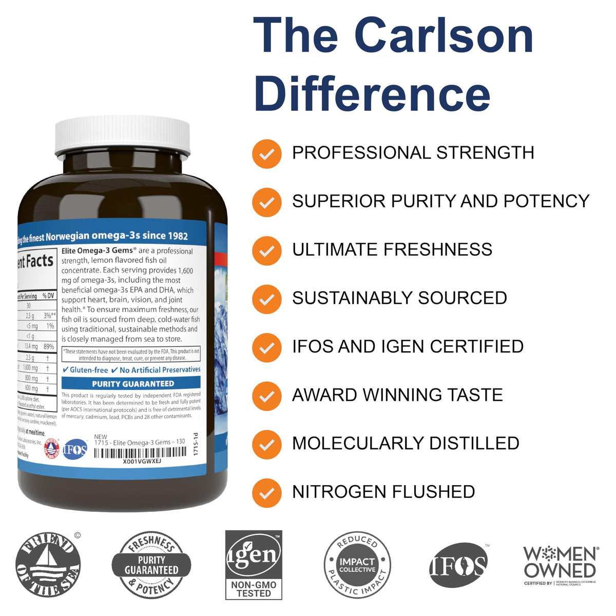 Carlson - Elite Omega-3 Gems, 1600 mg Omega-3 Fatty Acids Including EPA and DHA, Norwegian, Wild-Caught Fish Oil Supplement, Sustainably Sourced Omega Carlson