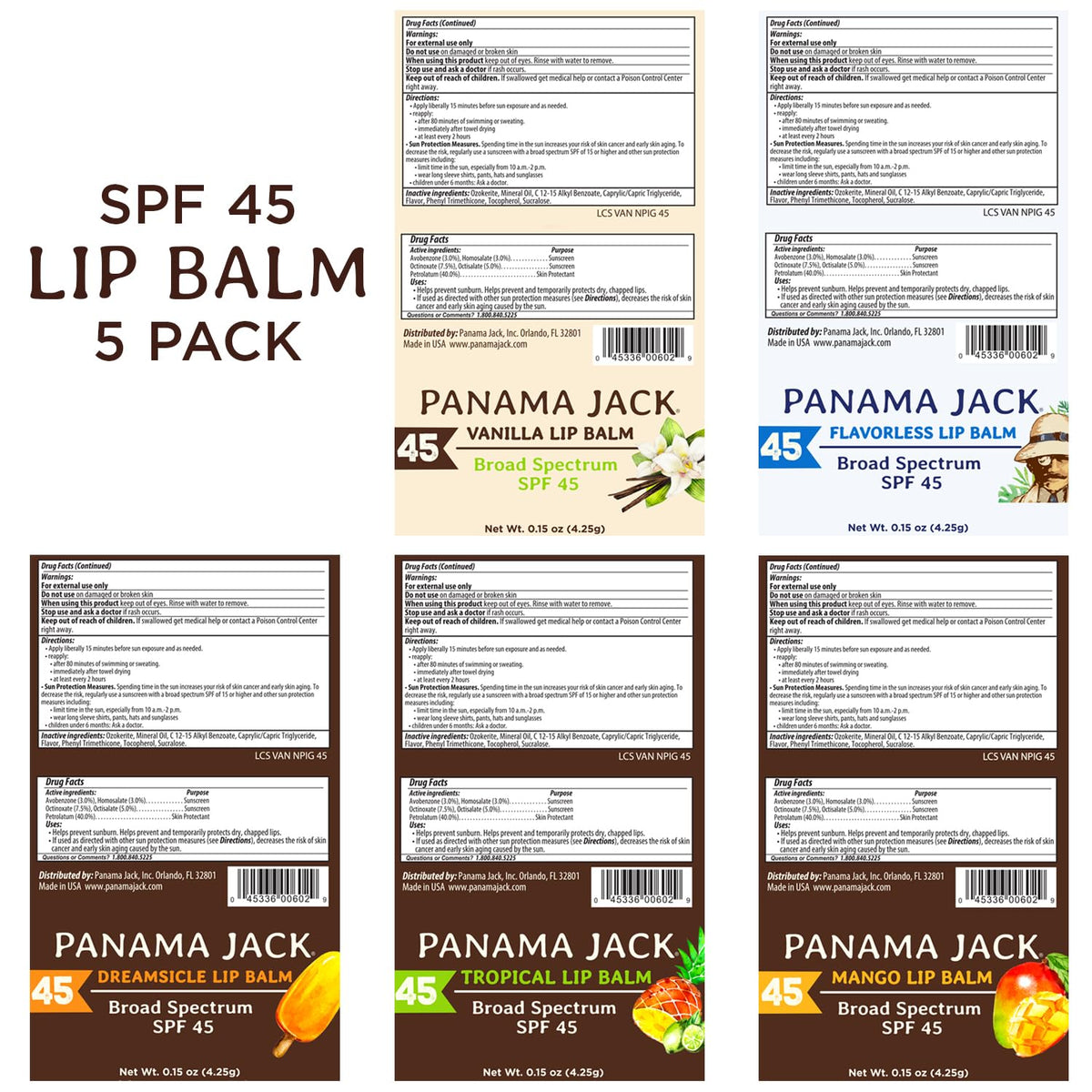 Panama Jack Sunscreen Lip Balm SPF 45 Broad Spectrum, Moisturizing, 4 Pack Panama Jack