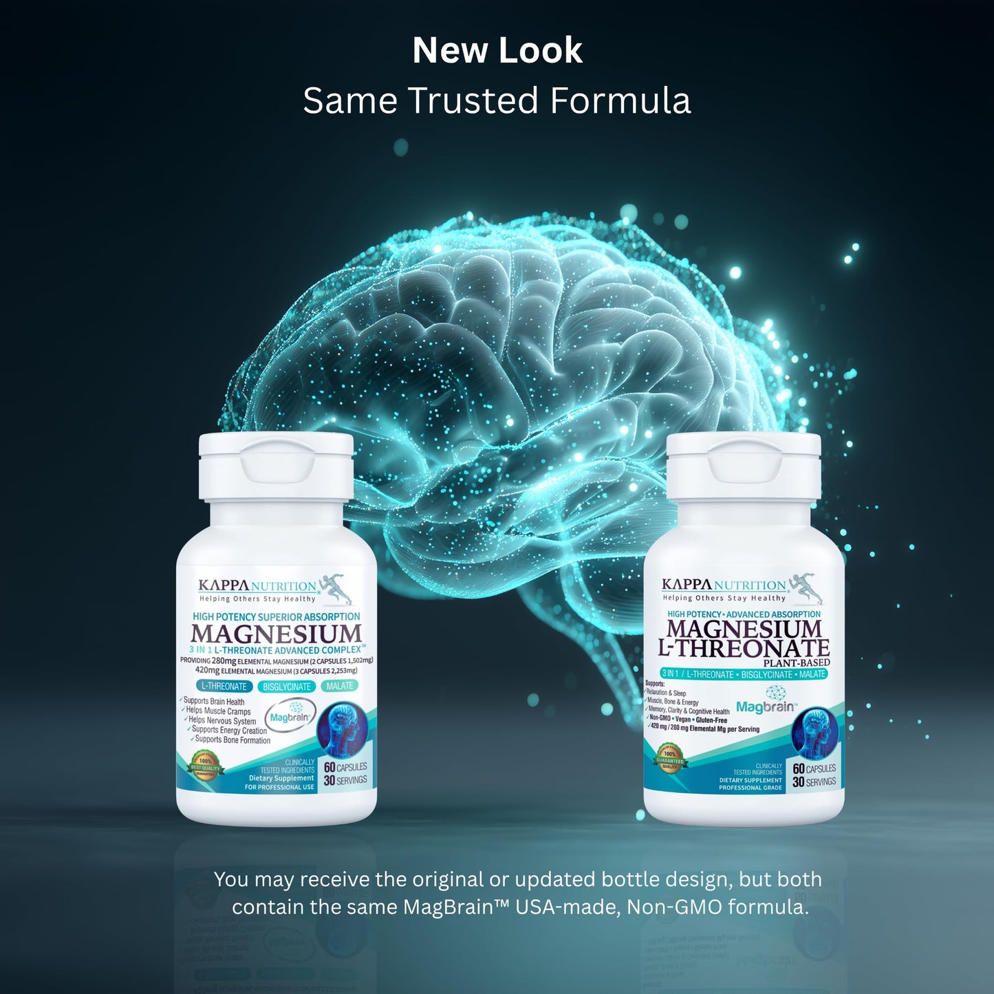 Kappa Nutrition Powered by Magbrain™ Magnesium L-Threonate Plant-Based, 60 Vegan Capsules, 420mg Elemental Magnesium (3 Capsules) from 2,253mg KAPPA NUTRITION
