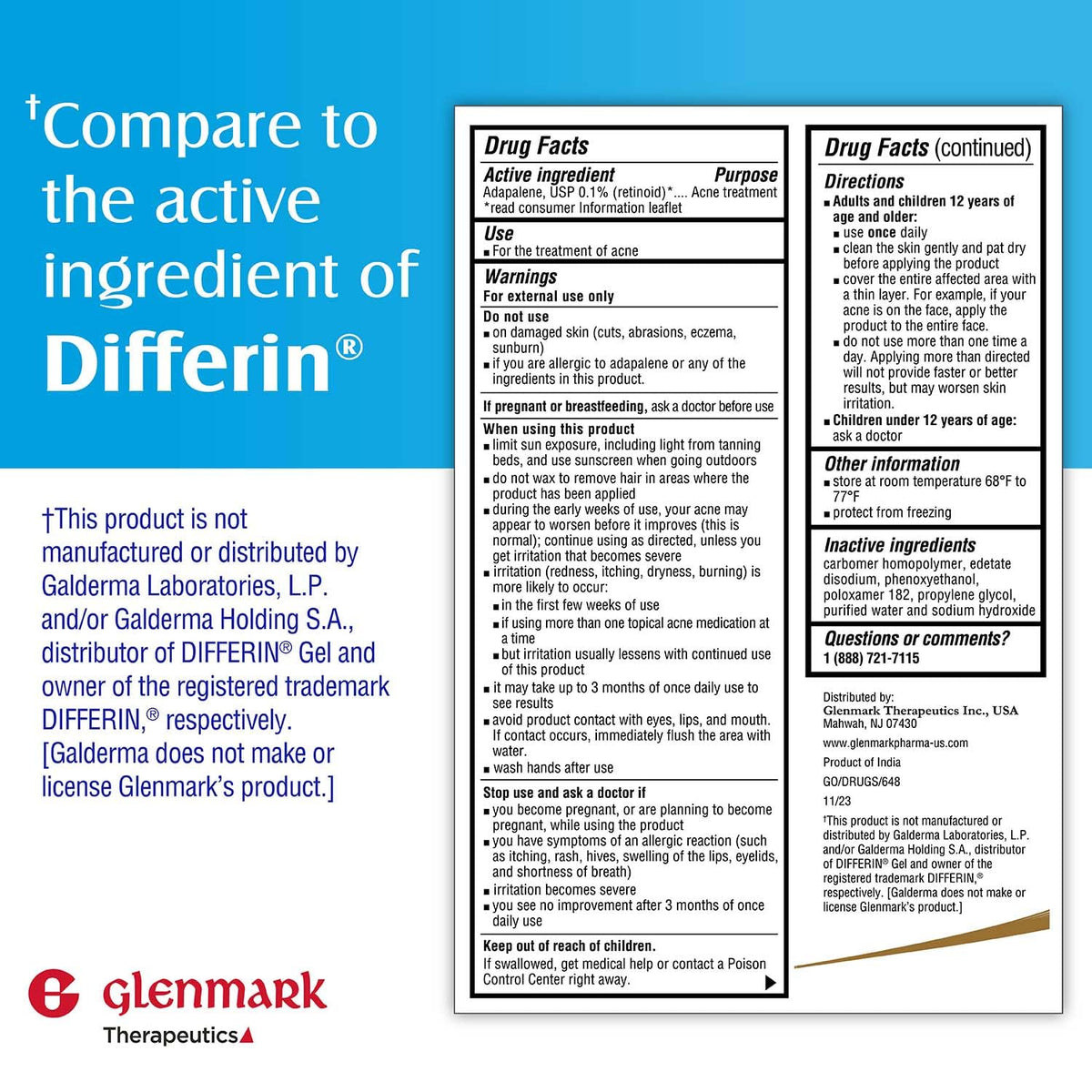 Glenmark Therapeutics Adapalene Gel 0.1% Acne Treatment, Paraben Free Topical Retinoid Cream for Face Glenmark Therapeutics
