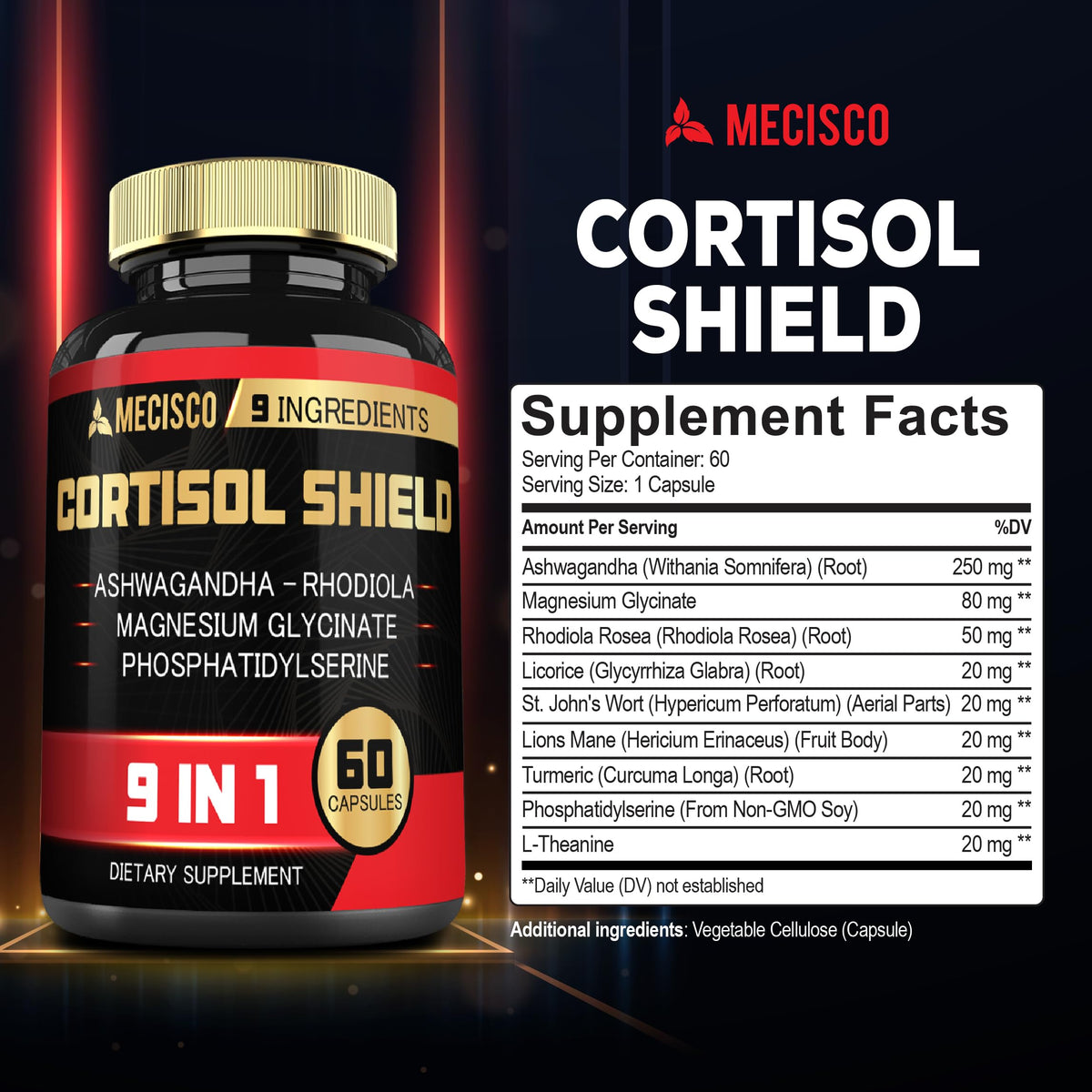 9in1 Cortisol Shield - Ashwagandha & Magnesium Glycinate, Rhodiola, Phosphatidylserine, L-Theanine, Licorice Root, St. John's Wort, Lions Mane - Mind & Mood, Restful Night Support - 60 Capsules Mecisco