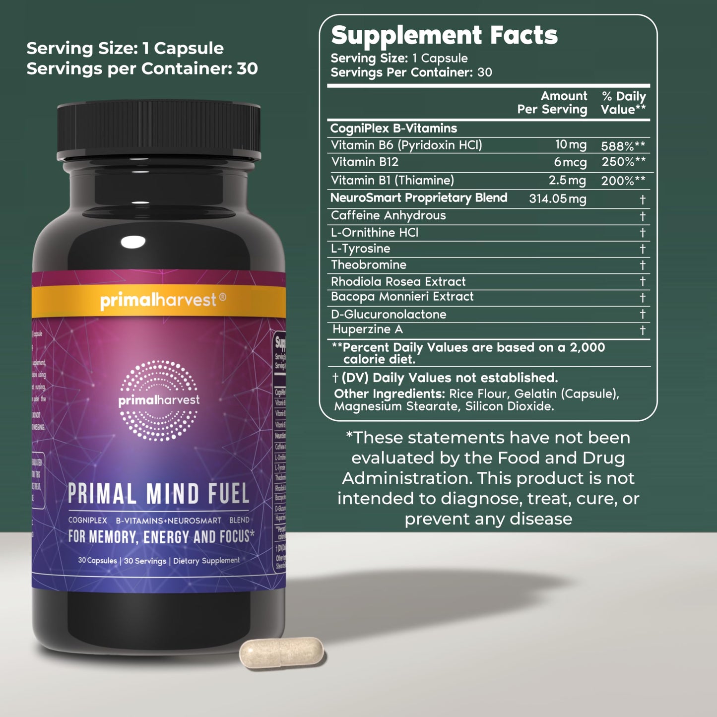 Primal Harvest Brain Supplement, Primal Mind Fuel Brain Booster for Focus, Energy, Clarity, Memory Brain Health 30 Capsules Nootropics Brain Support Supplement for Men and Women (2 Pack (30 Count)) Primal Harvest