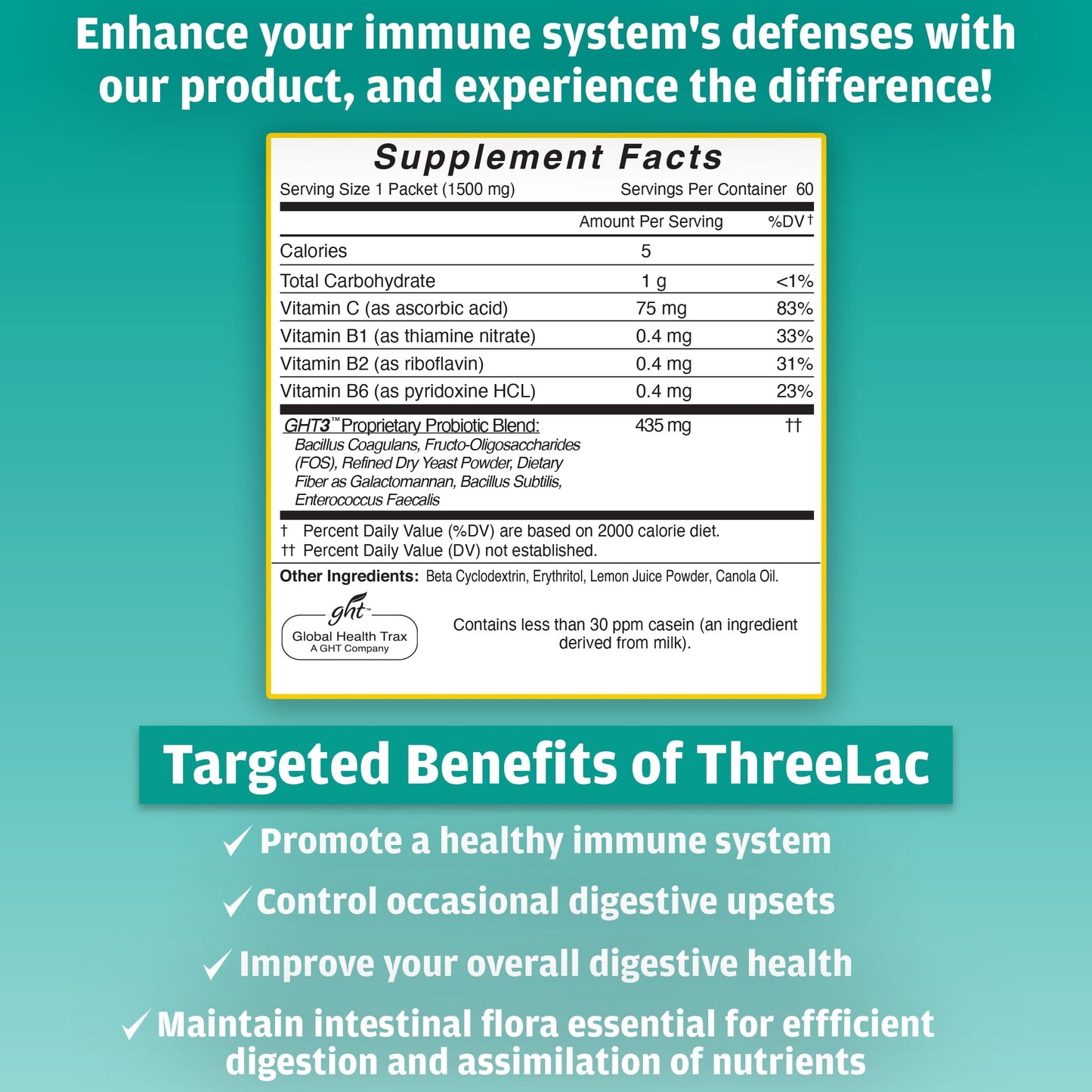 Global Health Trax ThreeLac Lemon Probiotic Drink Mix for Digestive Health - Advanced Probiotic Powder Formula for Men, Women, and Kids - Immune Support & Gut Balance, Non-GMO - 120 Packets ght Global Health Trax