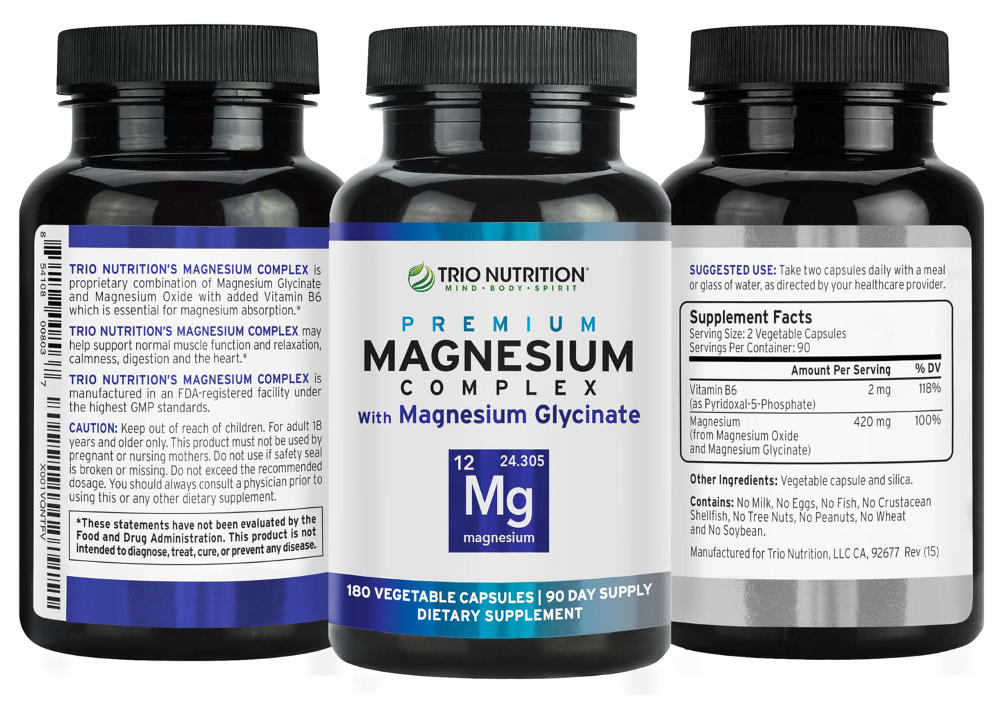 Trio Nutrition Magnesium Complex 90 Day Supply 420 mg | Natural Calm, Relax, Stress Relief, and Muscle Recovery |Magnesium Glycinate Supplement with Vitamin B6 for Rapid Absorption* TRIO NUTRITION