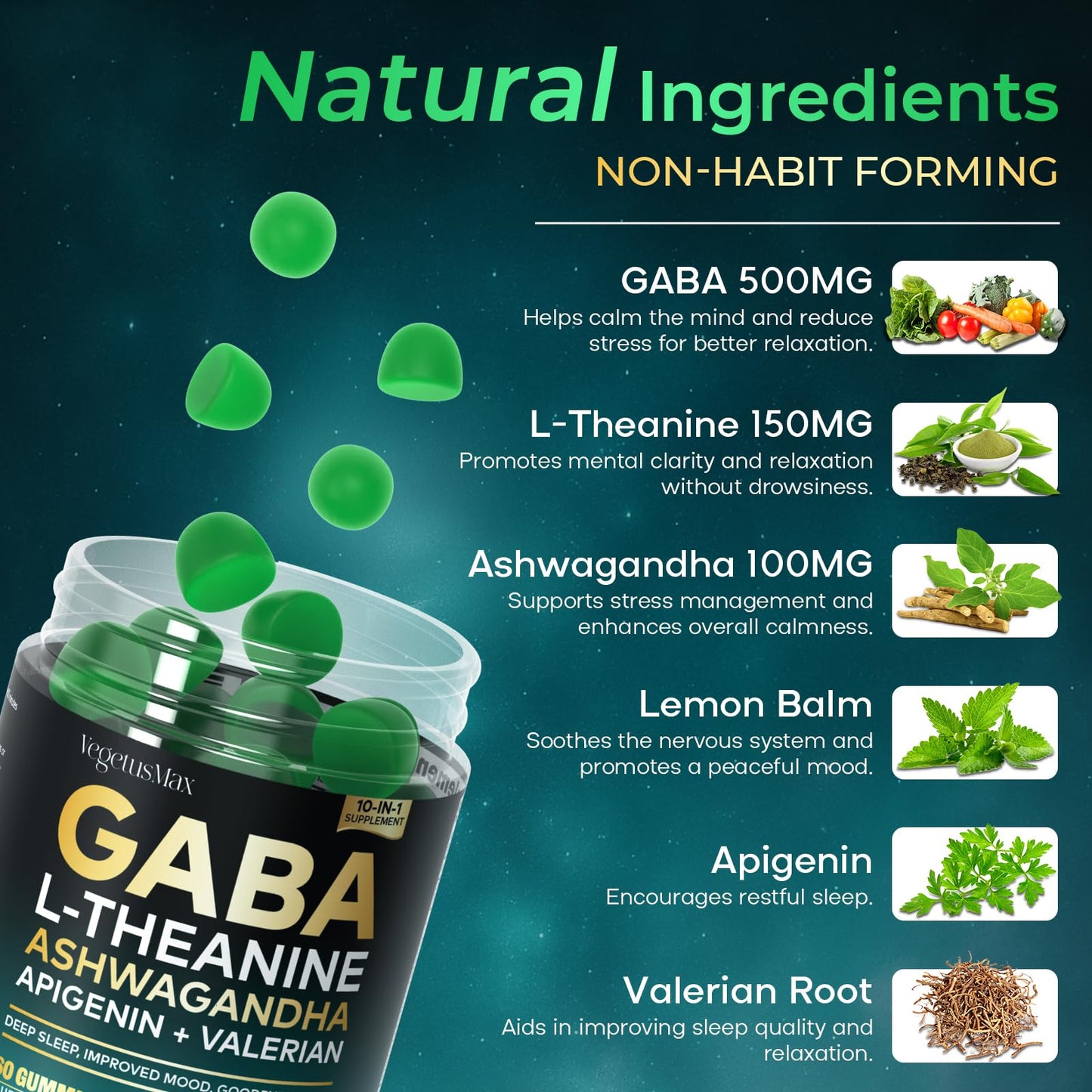 GABA L-Theanine Gummies, Sugar-Free Calm Gummies with L-Theanine, Ashwagandha,Valerian Root,Magnesium | Support Sleep,Stress Relief & Relaxation | GABA Supplement for Adult- Blueberry Flavor VEGETUSMAX