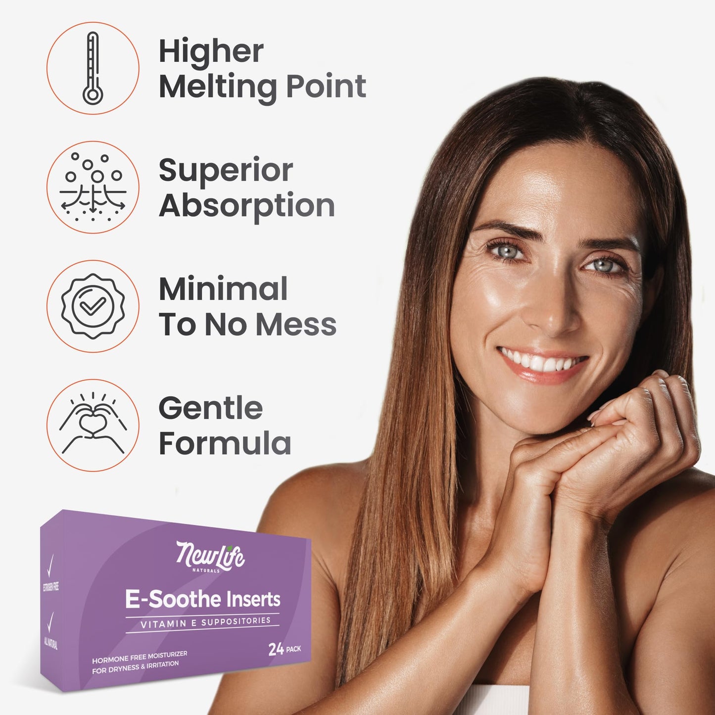 NewLife Naturals Vitamin E Vaginal Suppositories 38IU ESoothe - Moisture & Hydration Support - All Natural Estrogen Free Feminine Care - 24 Inserts NewLife Naturals