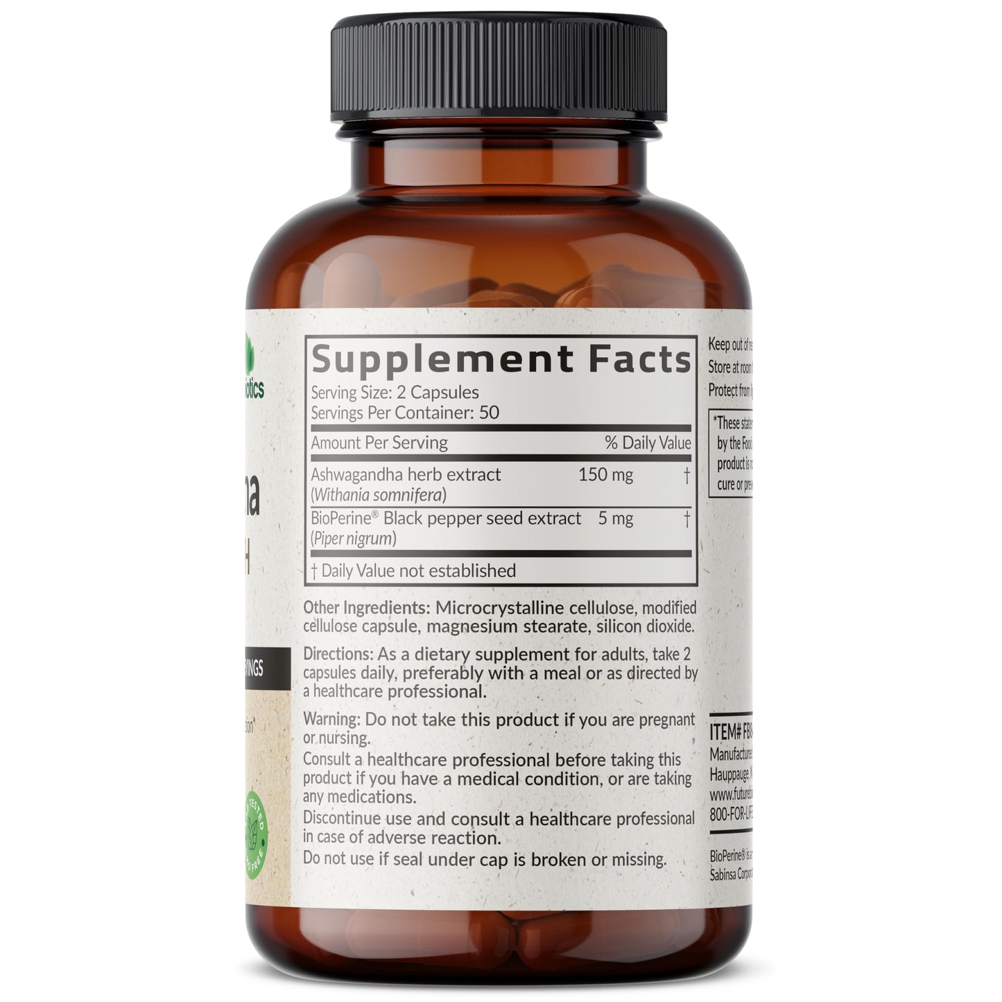 Futurebiotics Ashwagandha Extra Strength Stress & Mood Support with BioPerine - Non GMO Formula, 100 Vegetarian Capsules Futurebiotics