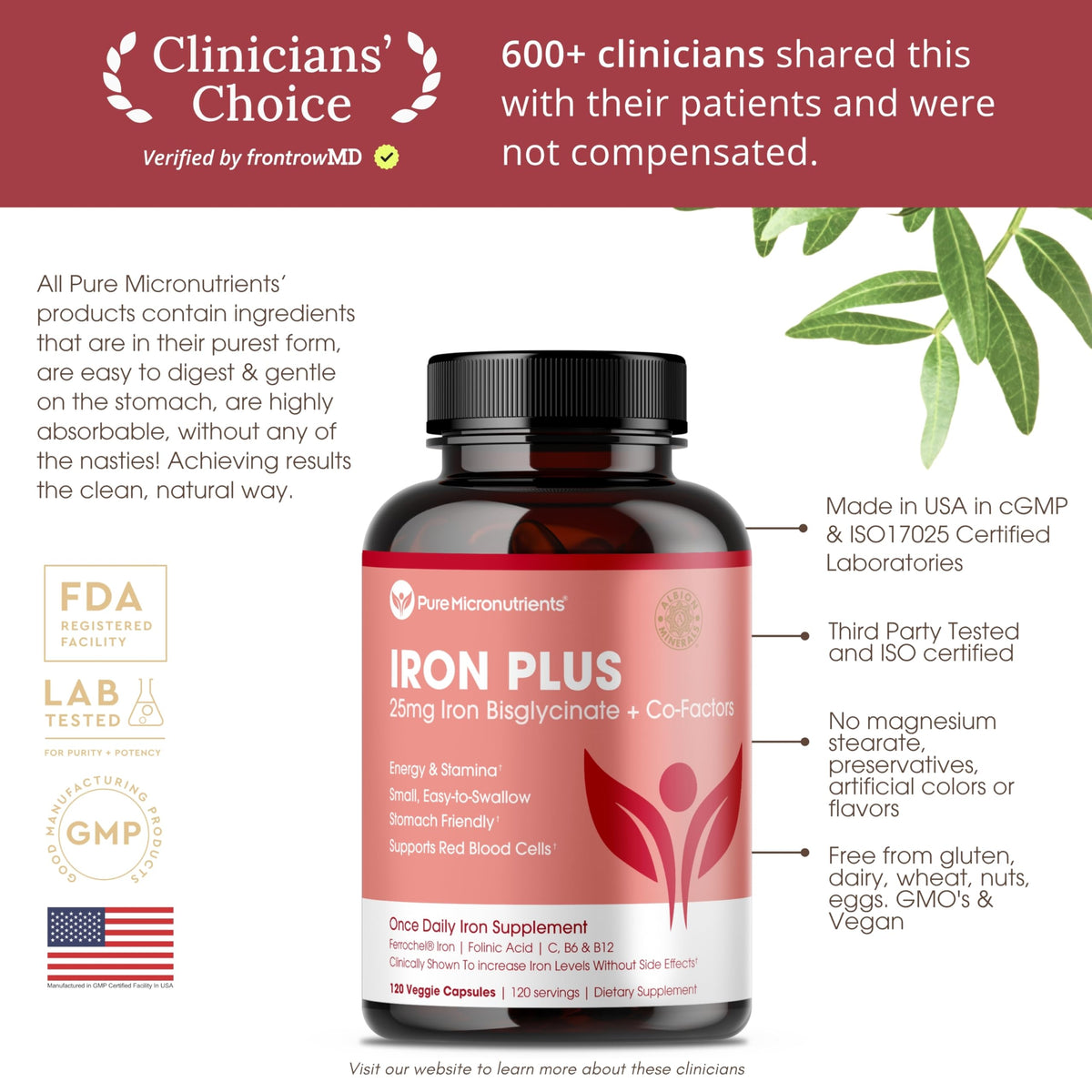 Iron Supplement for Women - Gentle Chelate Iron Bisglycinate 25mg with Vitamin C, B6, B12 Folic Acid – Supports Iron Deficiency Pure Micronutrients