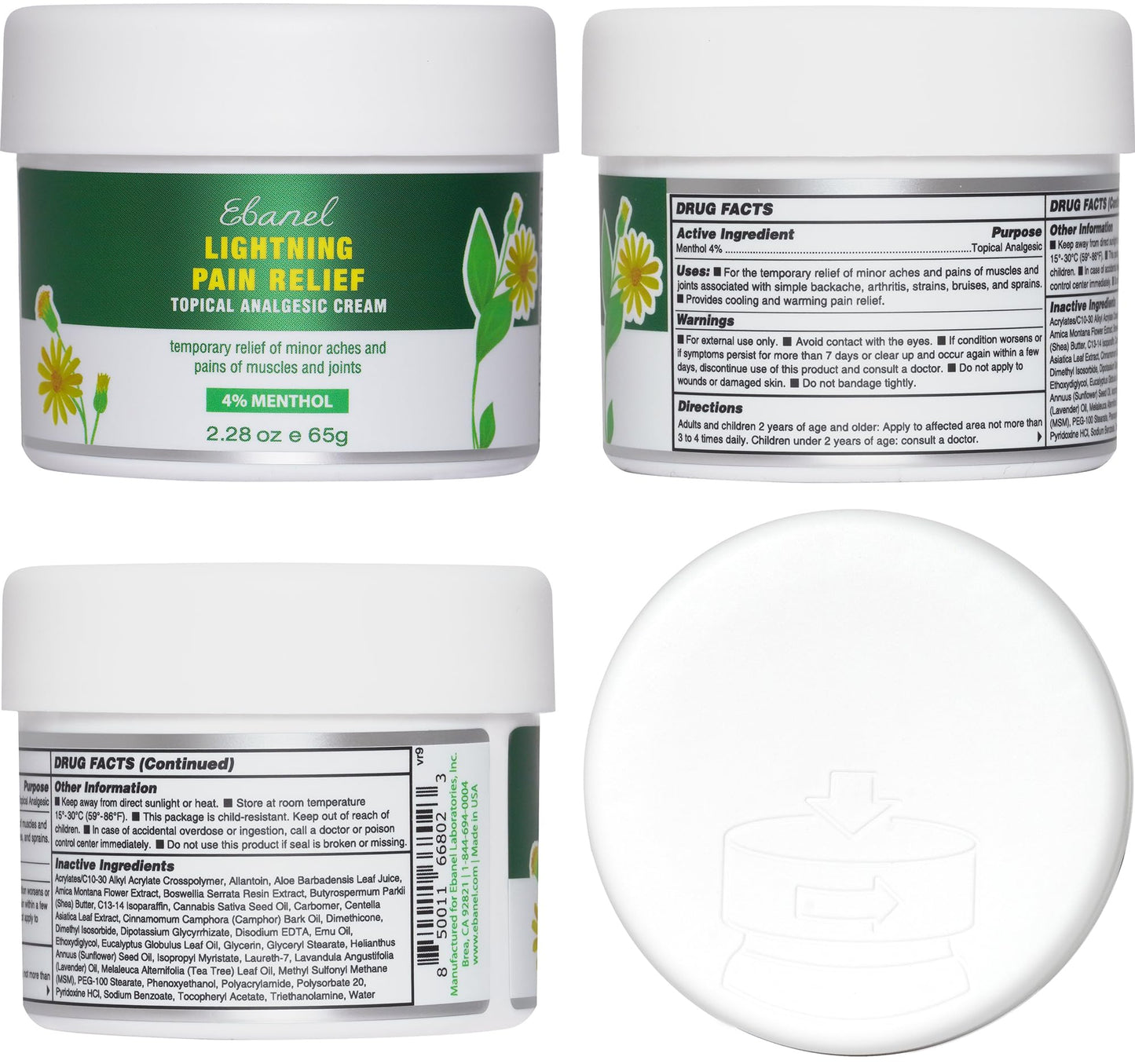 Ebanel Pain Relief Cream for Arthritis, Back, Joint, Foot, Neck, Strains & Sprains with Menthol, Camphor, Arnica, Emu Oil, MSM, Boswellia, Soothing Muscle Pain Relief Cream Ebanel