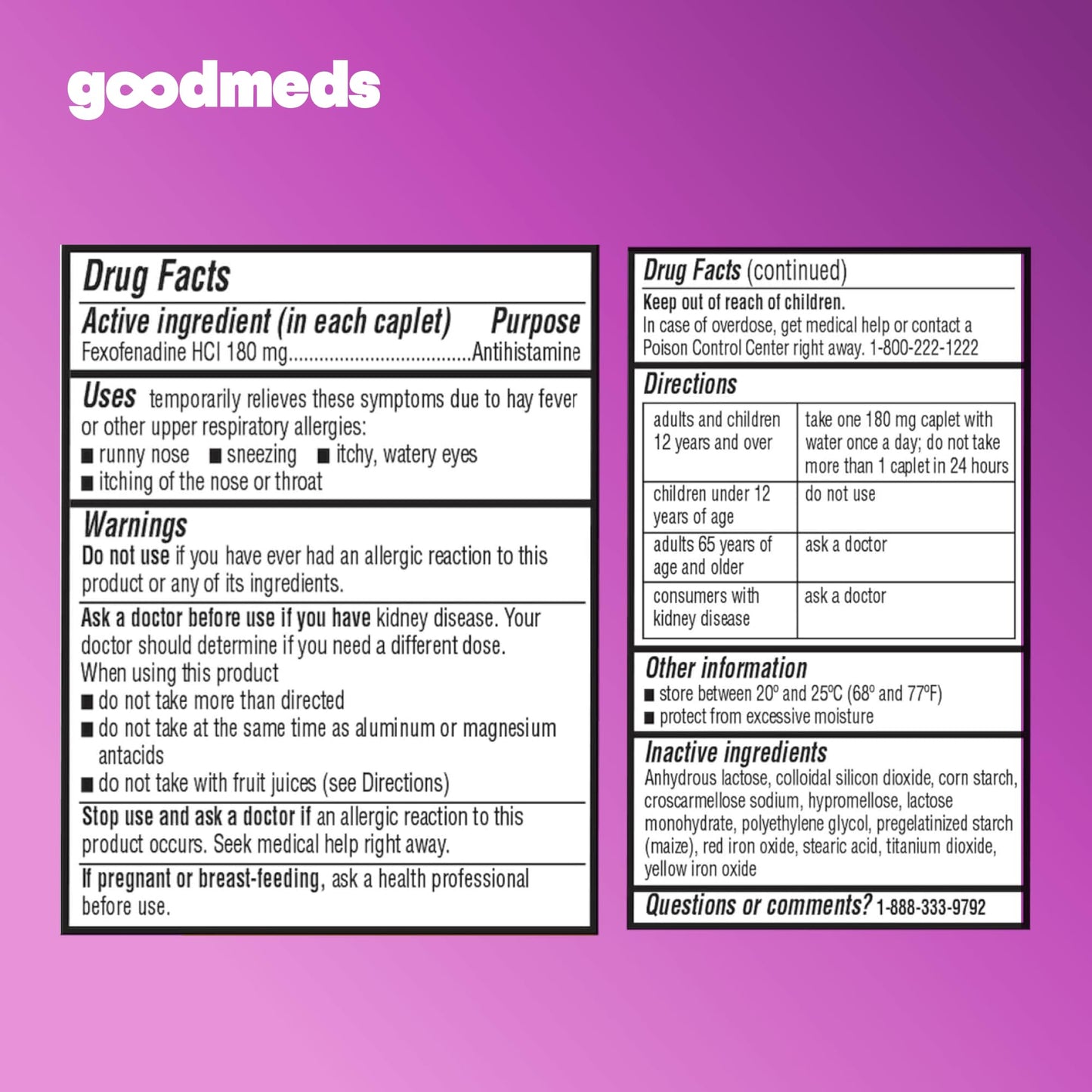 GoodMeds Compare to Allegra | Fexofenadine HCl 180mg | 24-Hour Allergy Relief, Non-Drowsy Antihistamine Generic Medicine for Allergies, Hay Fever, Itchy Eyes | for Kids & Adults (120 Count) GoodMeds