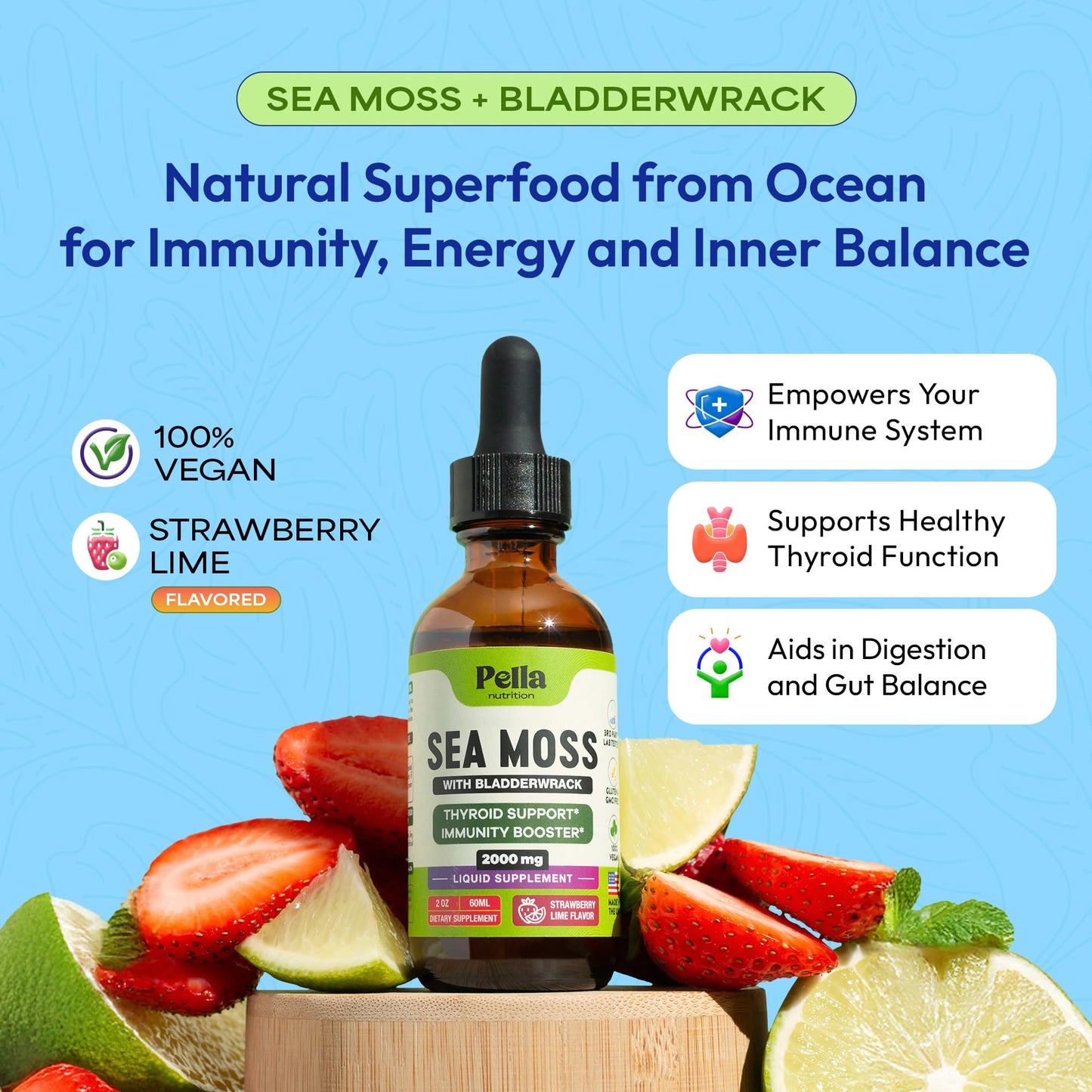Pella Nutrition Sea Moss Drops with Bladderwrack – 4X Faster Absorption Than Irish Sea Moss Gel Superfood, Gummies, and Capsules – Digestive & Immune Support Supplement (Strawberry Lime, 60mL) Pella Nutrition