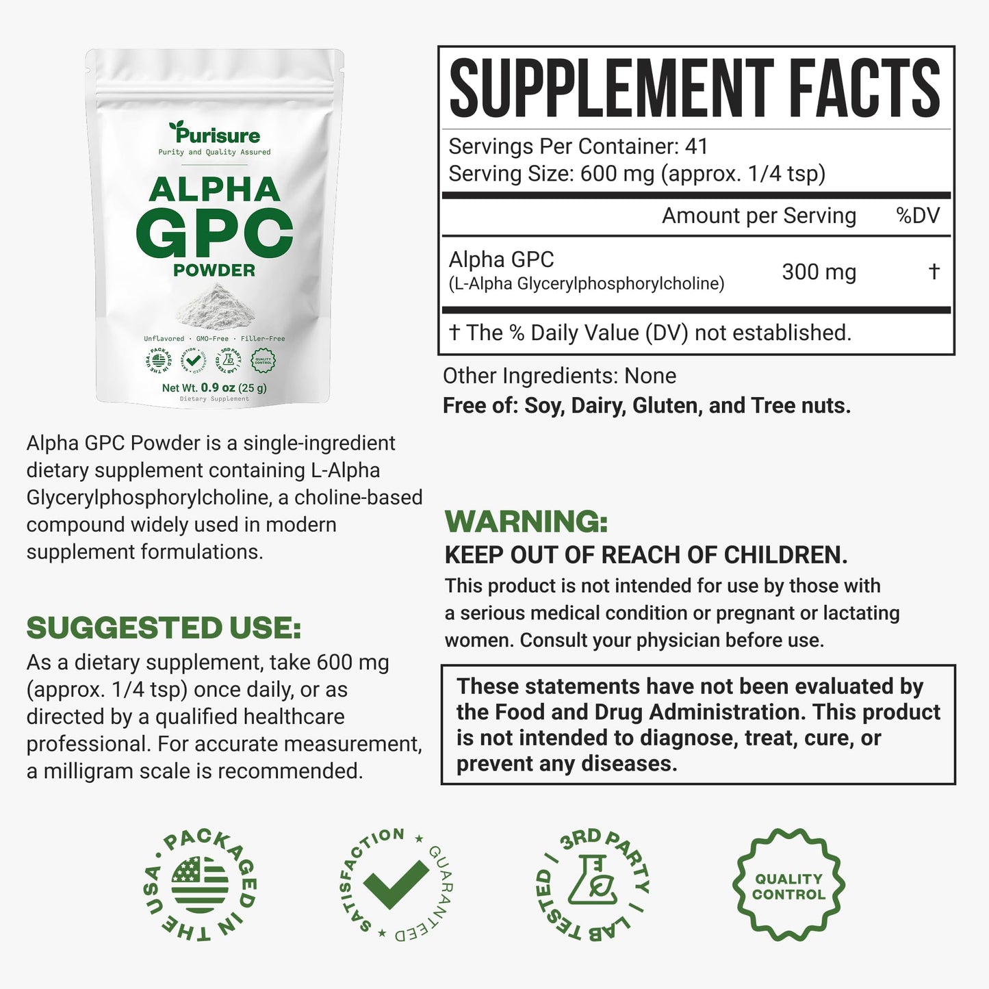 Purisure Alpha GPC Powder, 25 g, Pure Alpha GPC Choline Supplement for Brain and Focus, CDP Choline Supplements for Memory Performance & Concentration, No Fillers, Non-GMO, Offers 41 Servings Purisure