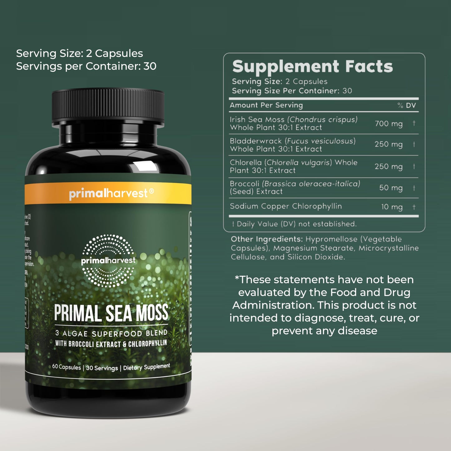 Primal Harvest Sea Moss Capsules with Bladderwack and Irish Sea Moss, Chlorella, Broccoli Seed Extract Plant-Based Supplements for Adults Primal Harvest