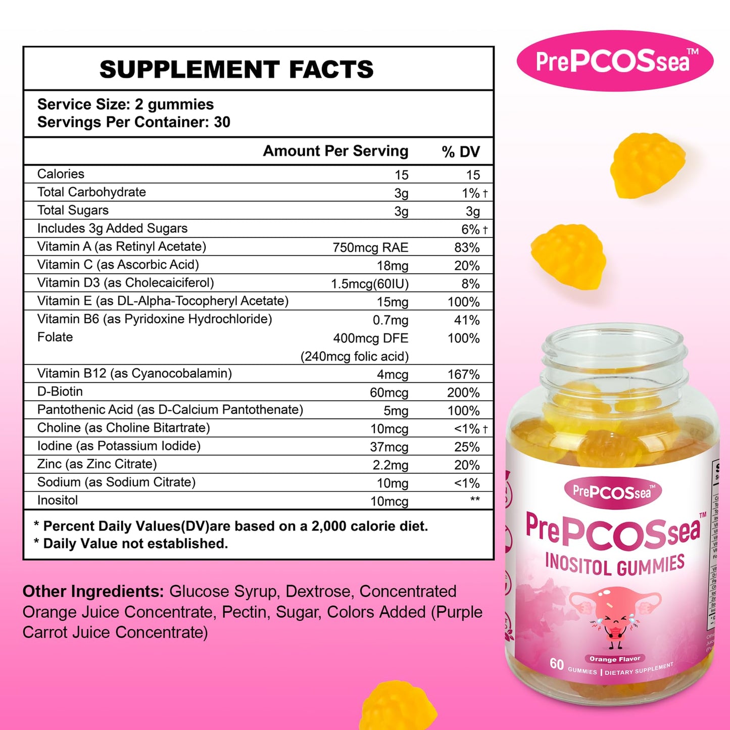Feelherbs PrePCOSsea Inositol Gummies Vitamins, 2 Pack Orange Flavor Myo-Inositol Vitamin Gummies with Folate, B6, B12 & D-Biotin, 60 Count Soft Chews Feelherbs