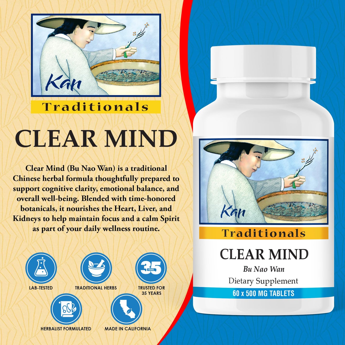 Kan Herbs Company Clear Mind Formula – Traditional Chinese Herbal Blend for Cognitive Clarity and Spirit Support, Nourishes Heart Yin and Blood, Calms Shen, Herbal Supplement, 60 Tablets Kan Herbs