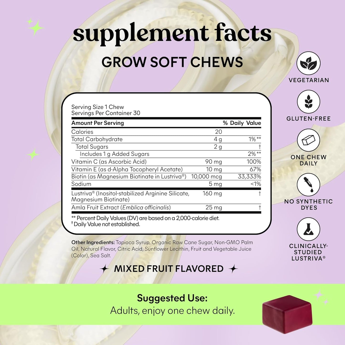 Lemme Grow Hair Growth Booster Soft Chews w/Vitamins for Women and Men with Clinically Studied Lustriva and Biotin, Promotes Thicker, Fuller, Stronger Hair, Mixed Berry, 30 Day Supply