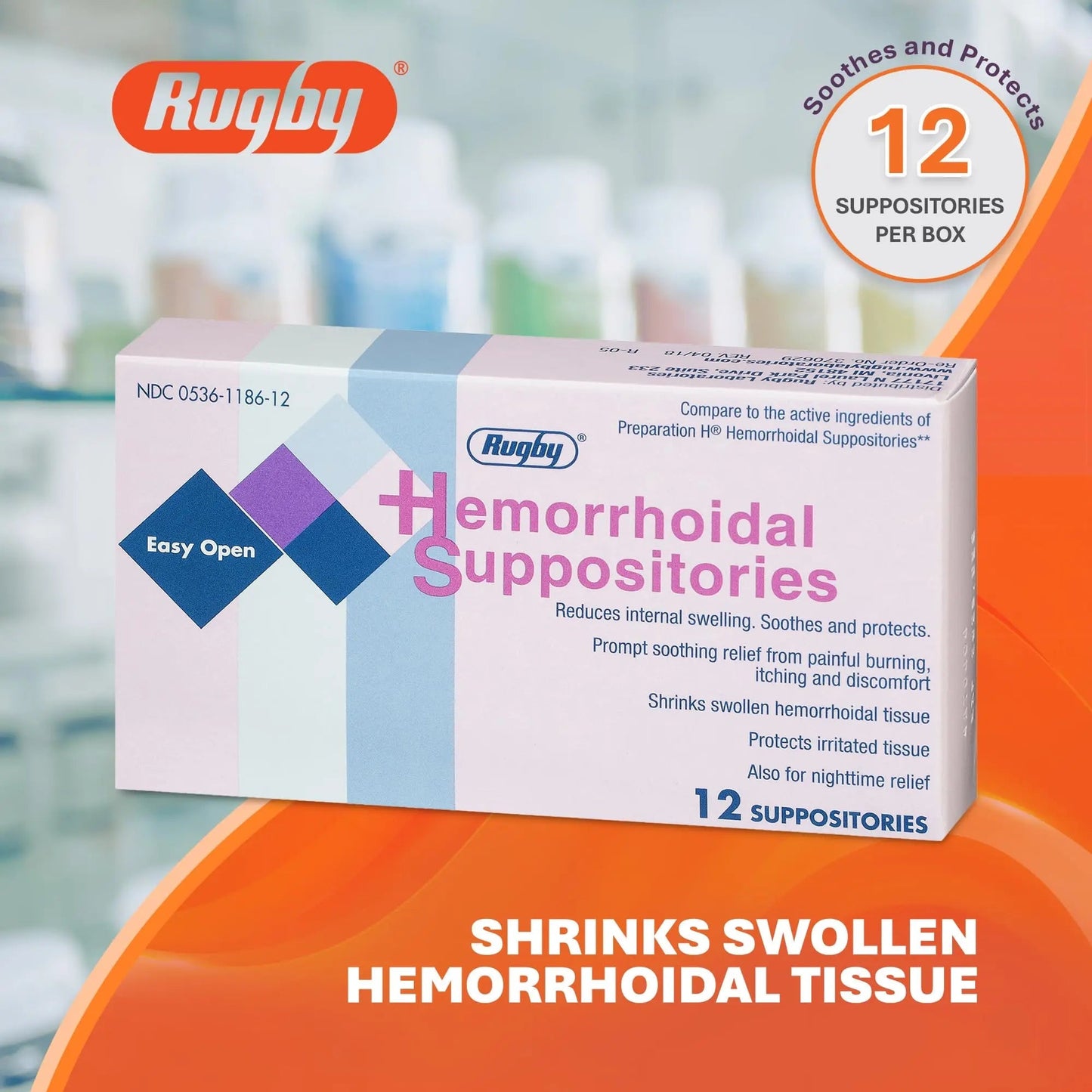 Rugby Hemorrhoidal Suppositories - Soothing and Shrinking Action for Internal Hemorrhoids with Cocoa Butter and Phenylephrine HCl, Easy Open Design - 12 Count RUGBY LABORATORIES