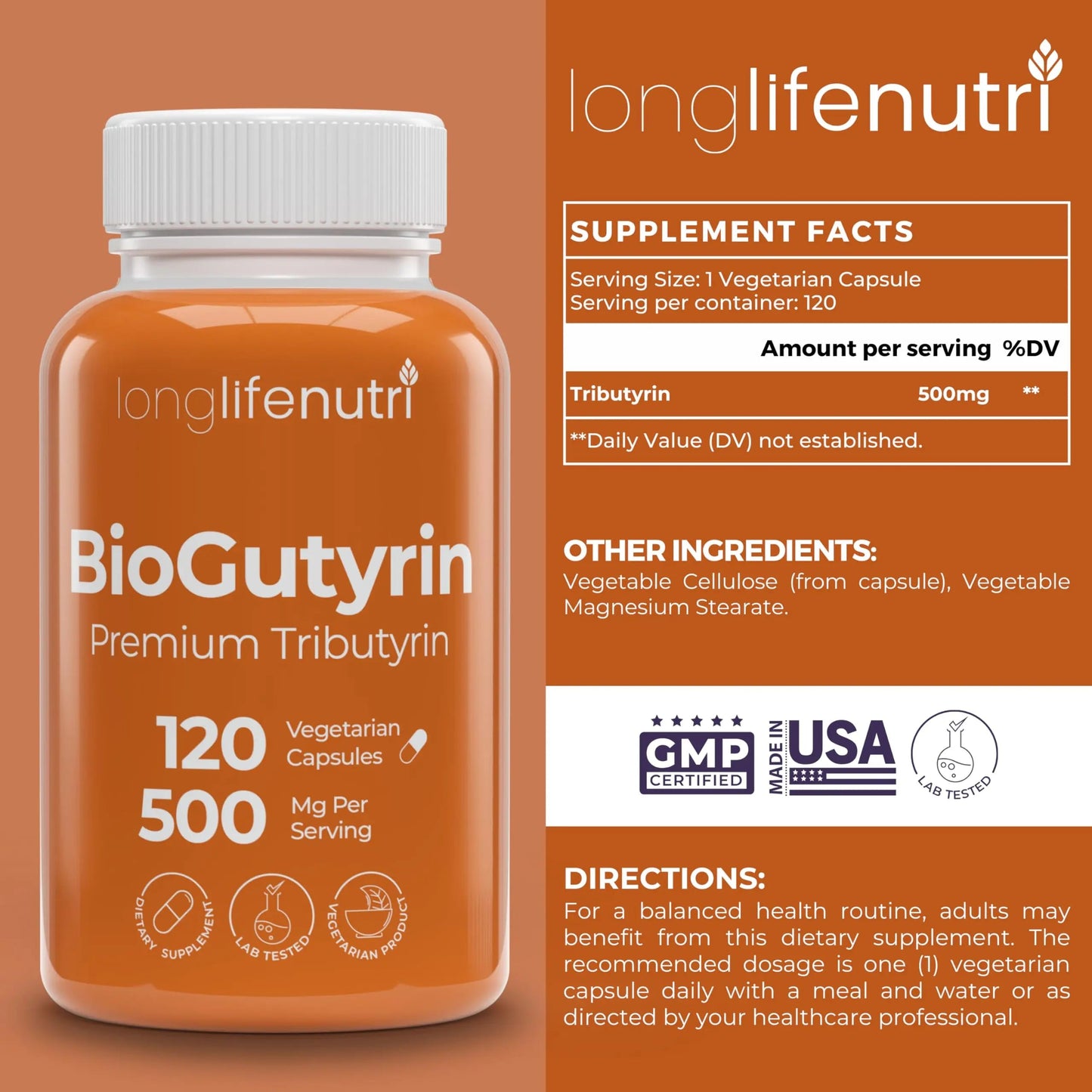 BioGutyrin – Tributyrin 500mg, Postbiotic Supplement for Gut Function & Nutrient Absorption, 120 Vegetarian Capsules, Butyric Acid for Butyrate Production, 4-Month Supply, GMP Certified, Made in USA LongLifeNutri