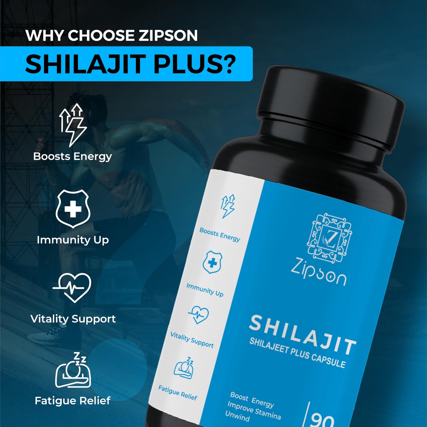 ZIPSON Shilajit for Men & Women | 90 Capsules | Himalayan Formula for Extra Power, Stamina & Immune Support | with Natural Fulvic Acid | Non-GMO | 500mg Per Serving ZIPSON