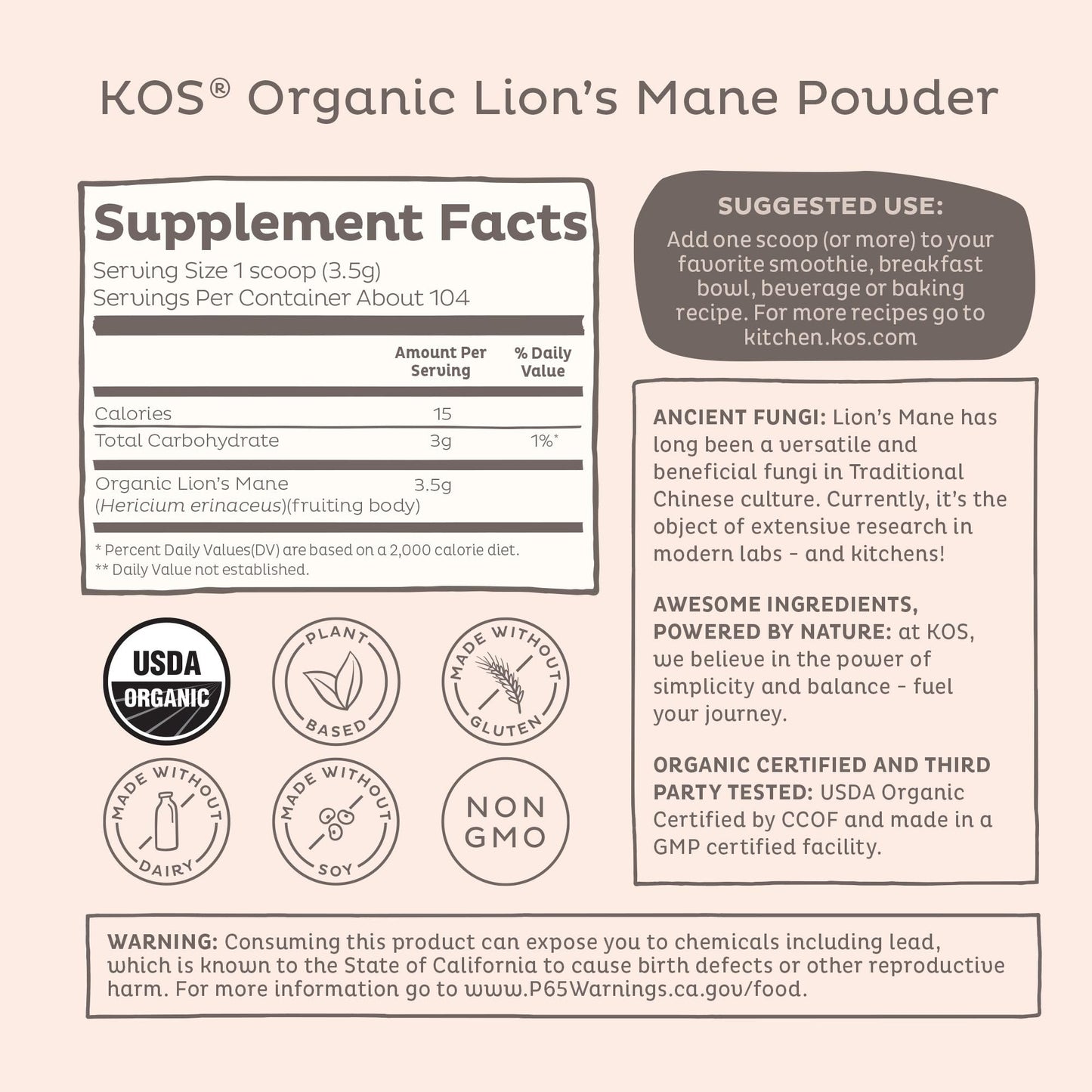 KOS Organic Lion's Mane Powder - Natural Nootropic Superfood - Vegan Functional Mushroom, Plant Based, USDA Certified, Non-GMO, Soy & Gluten-Free - 104 Servings KOS