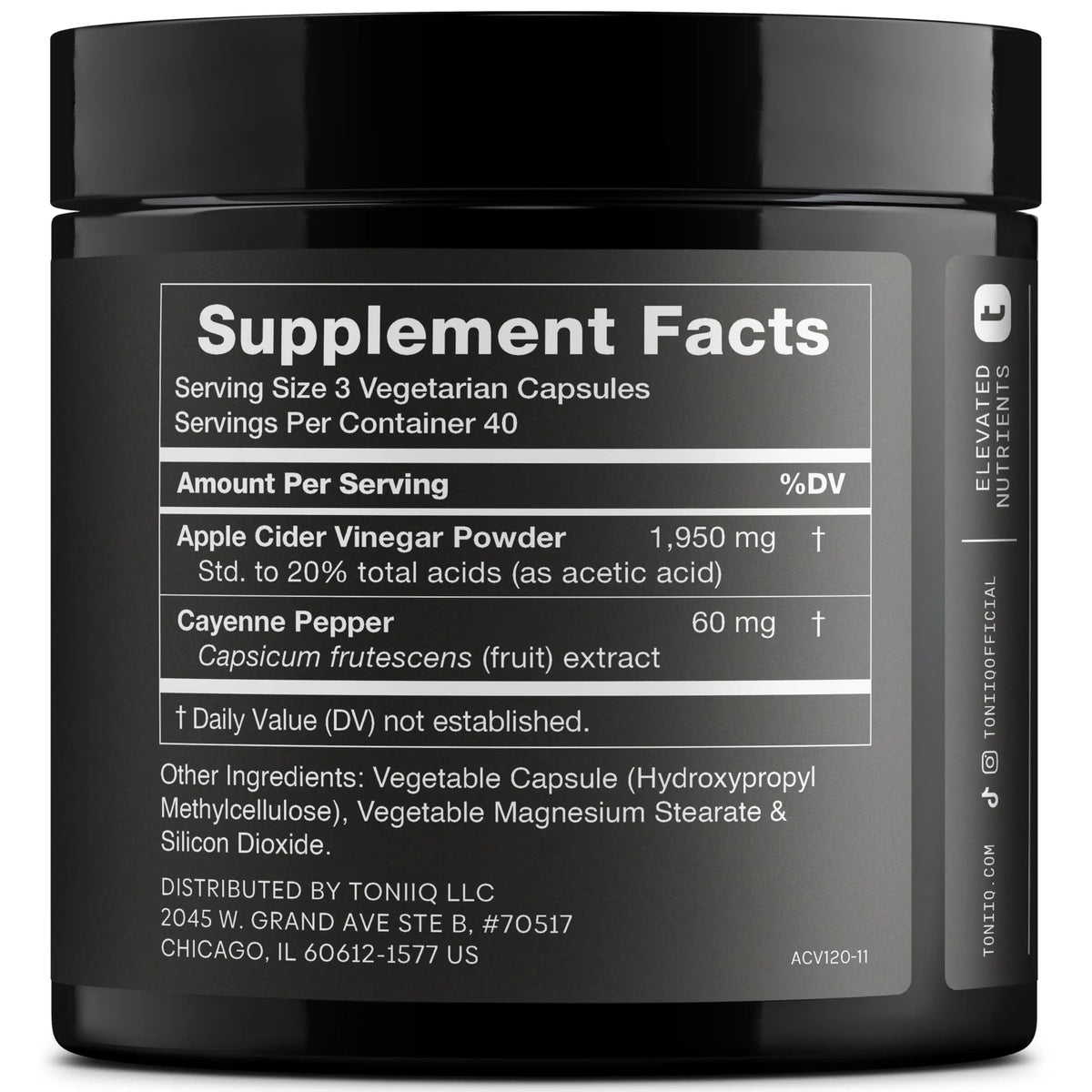 Toniiq Apple Cider Vinegar Capsules - Ultra High Potency 2,010mg Formula with 20% Acetic Acid & Cayenne Pepper - Made with The Mother - Third-Party Lab Tested - 120 Capsules Toniiq